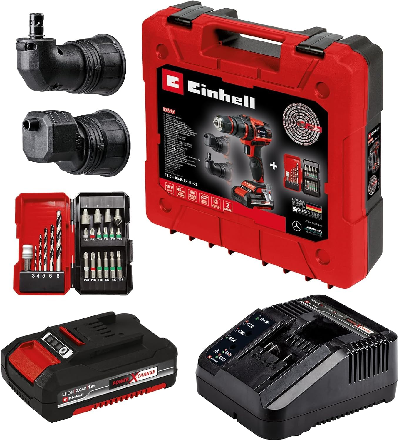Einhell Taladro con batería TE-CD 18/45 3X-Li+22 Power X-Change (portabrocas desmontable, pieza angular y excéntrica, set de puntas de 22 piezas, batería de 2,0 Ah, cargador + E-Box)