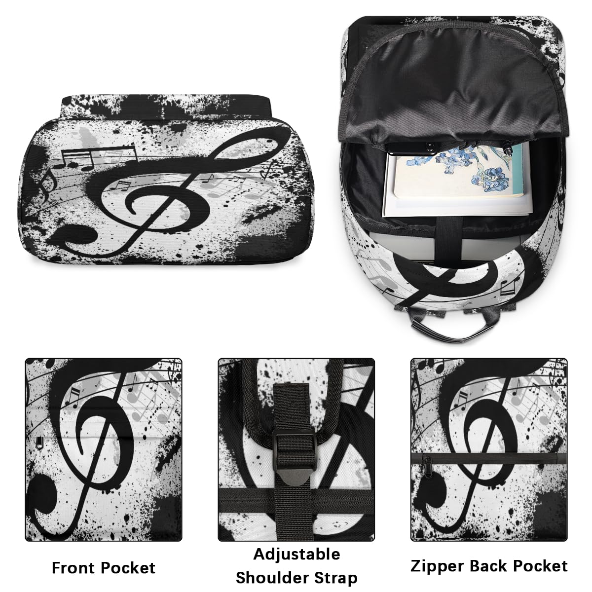 TropicalLife Noten-Rucksack für Herren, Damen, Kinder, Mädchen, Jungen, schwarzer Musiknoten-Rucksack, großes Fassungsvermögen, 23,5 l, Rucksack, Schule, Büchertasche, Reisen, lässig, Laptop-Tasche,