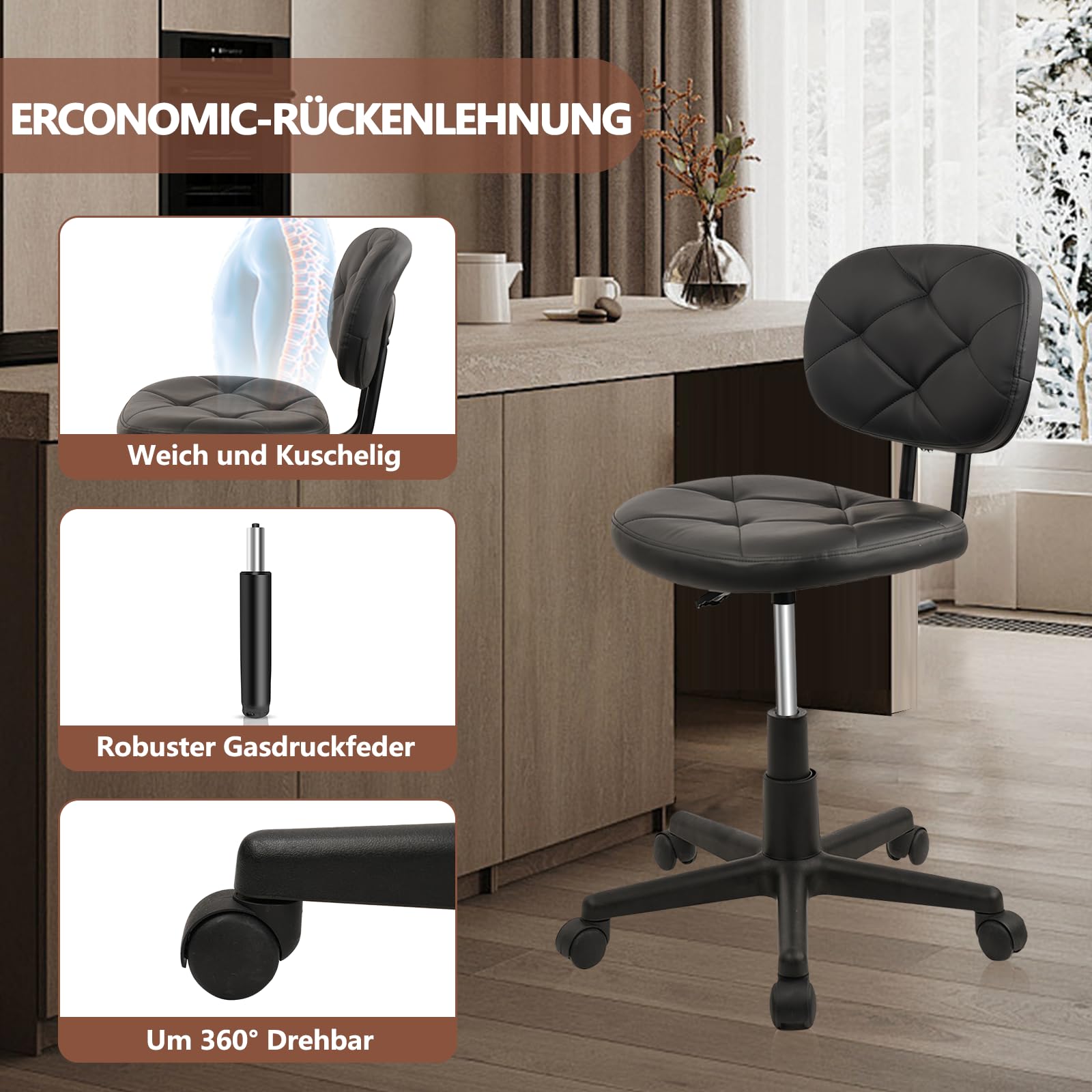 Klasika Drehhocker mit Hochwertigem PU-Kunstleder Rückenlehne 360° Drehbar und Höhenverstellbar Ergonomischer Multifunktionaler Arbeits Hocker Bequem für Salon Spa Garage Bar Schwarz 1er Set
