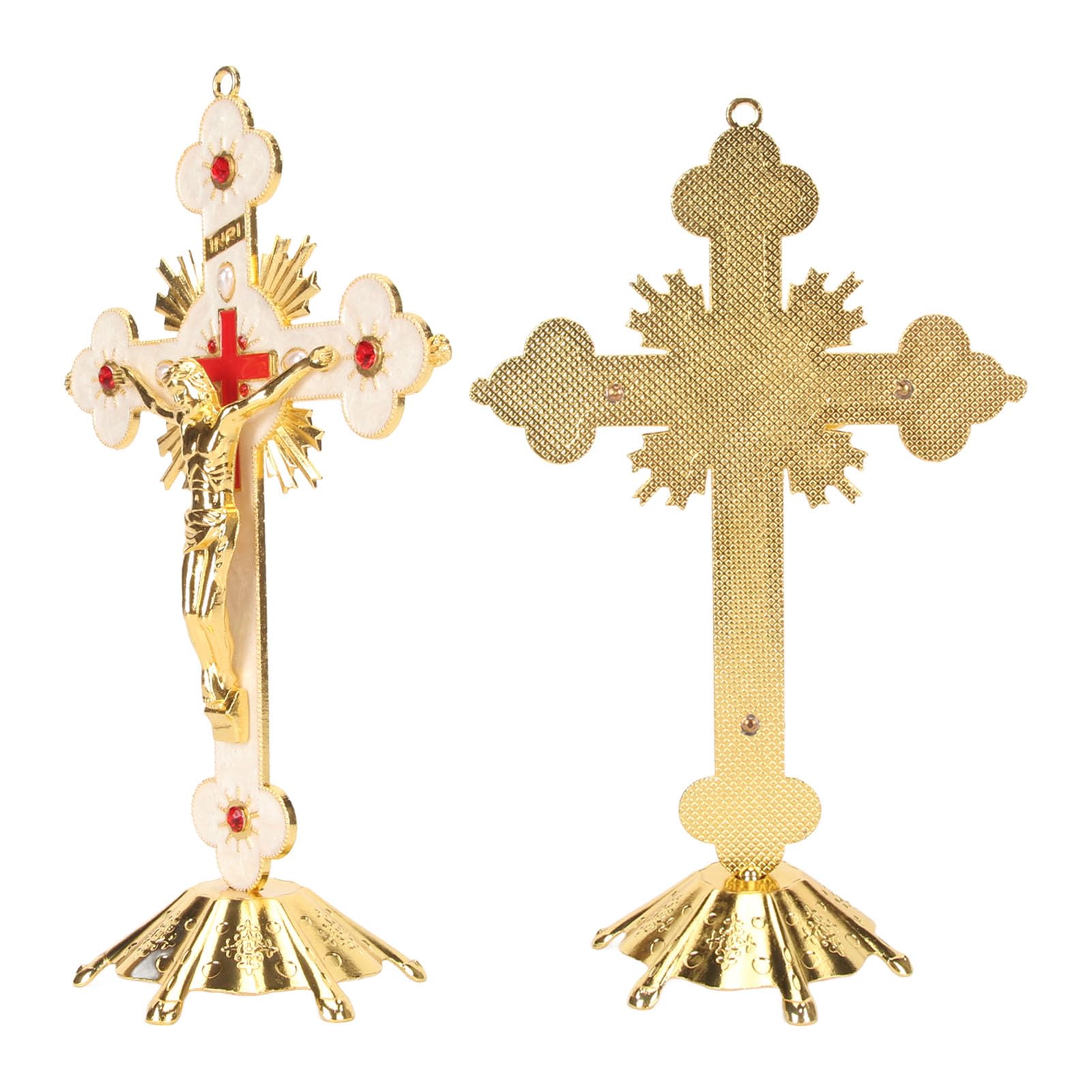 Fockety Stojący Krzyż Znakomity Metalowy Krzyż Stojący Elegancki Retro Retro Krzyż Krzyż Czerwony Rhinestone Dekoracji Z Podstawą Katolicki Krzyż Jezusa Długotrwały