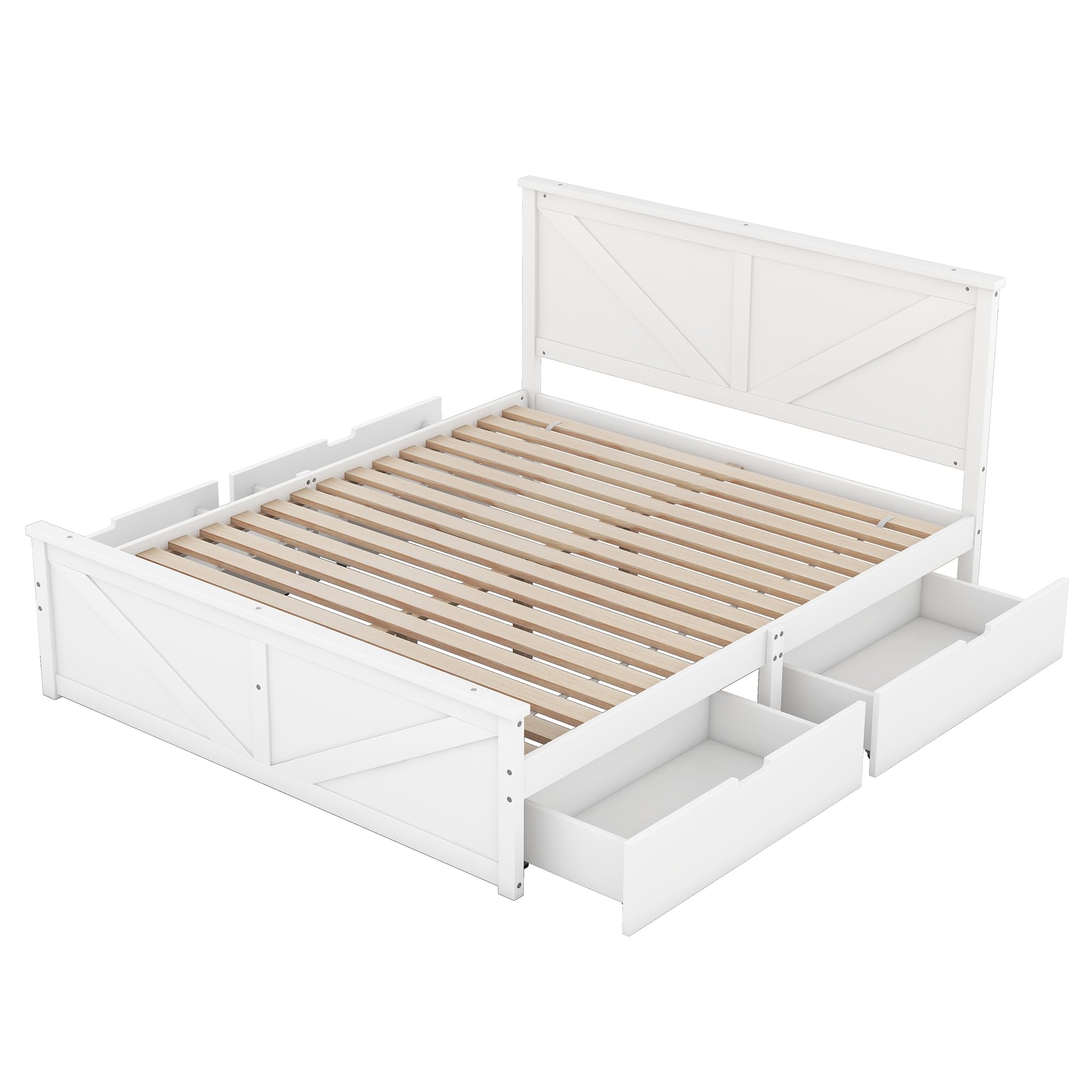 Letto matrimoniale 160 x 200 cm, semplice letto matrimoniale in legno con quattro cassetti, realizzato in legno massello e MDF (bianco)