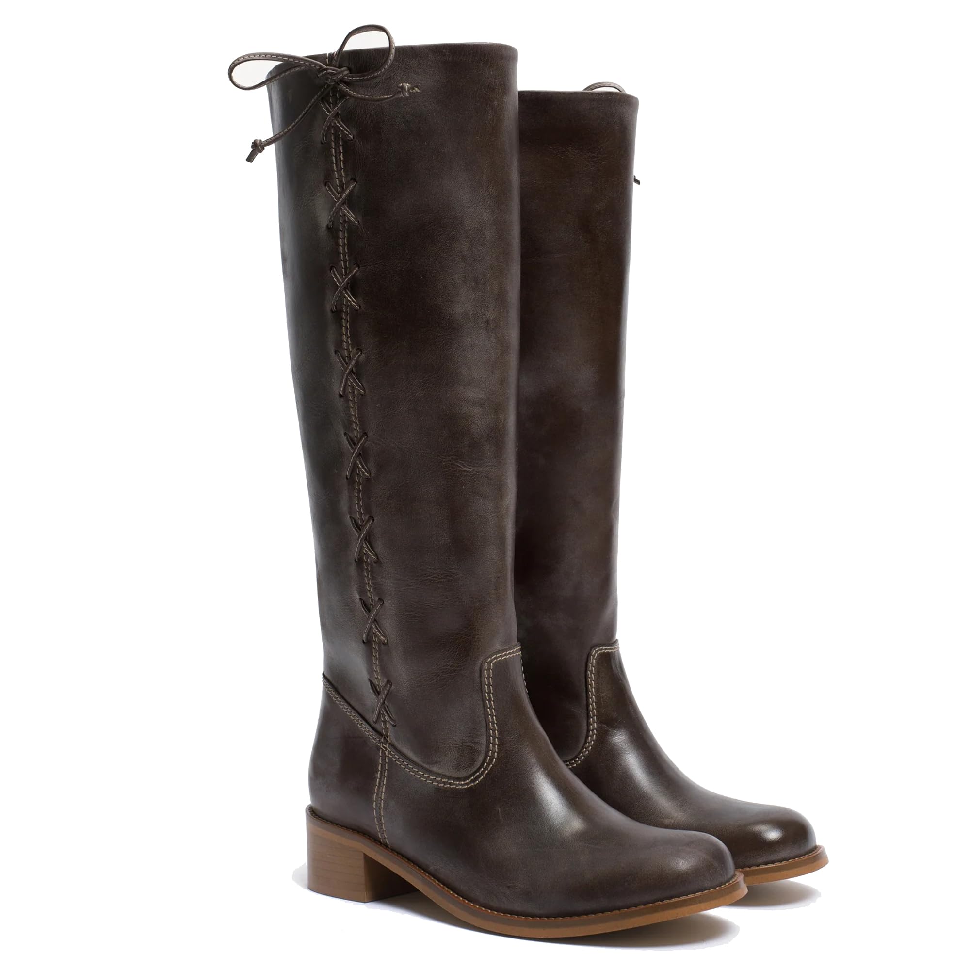JORISTIMO Womens Knee High Boots Side-Lace Low Heel Round Toe Adjustable Cross Strap Leather Boots