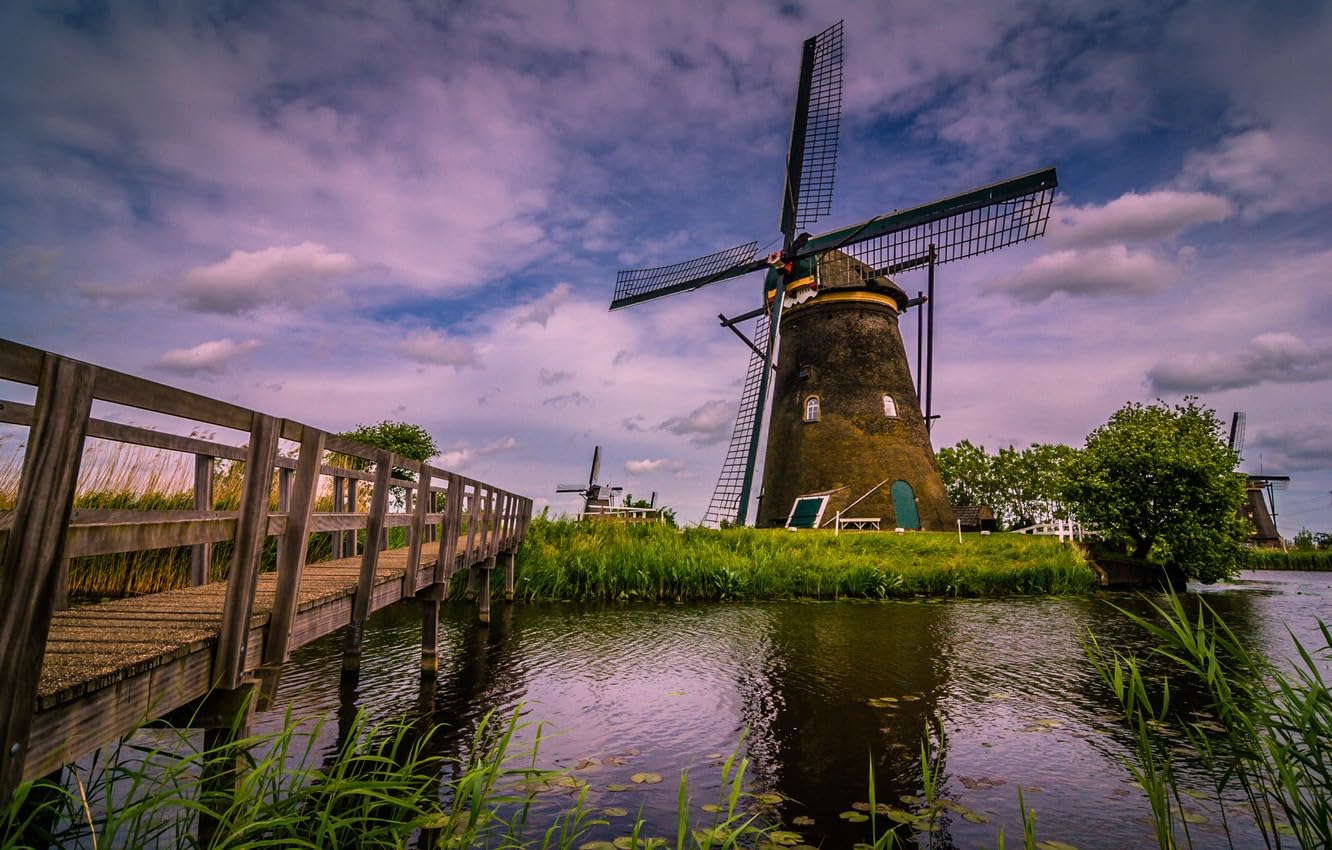 puzzle dla dorosłych 1500 - puzzle | układanki 1500 sztuk dla dorosłych, Canal, Holandia, Wiatrak, Kinderdijk, 87x57cm