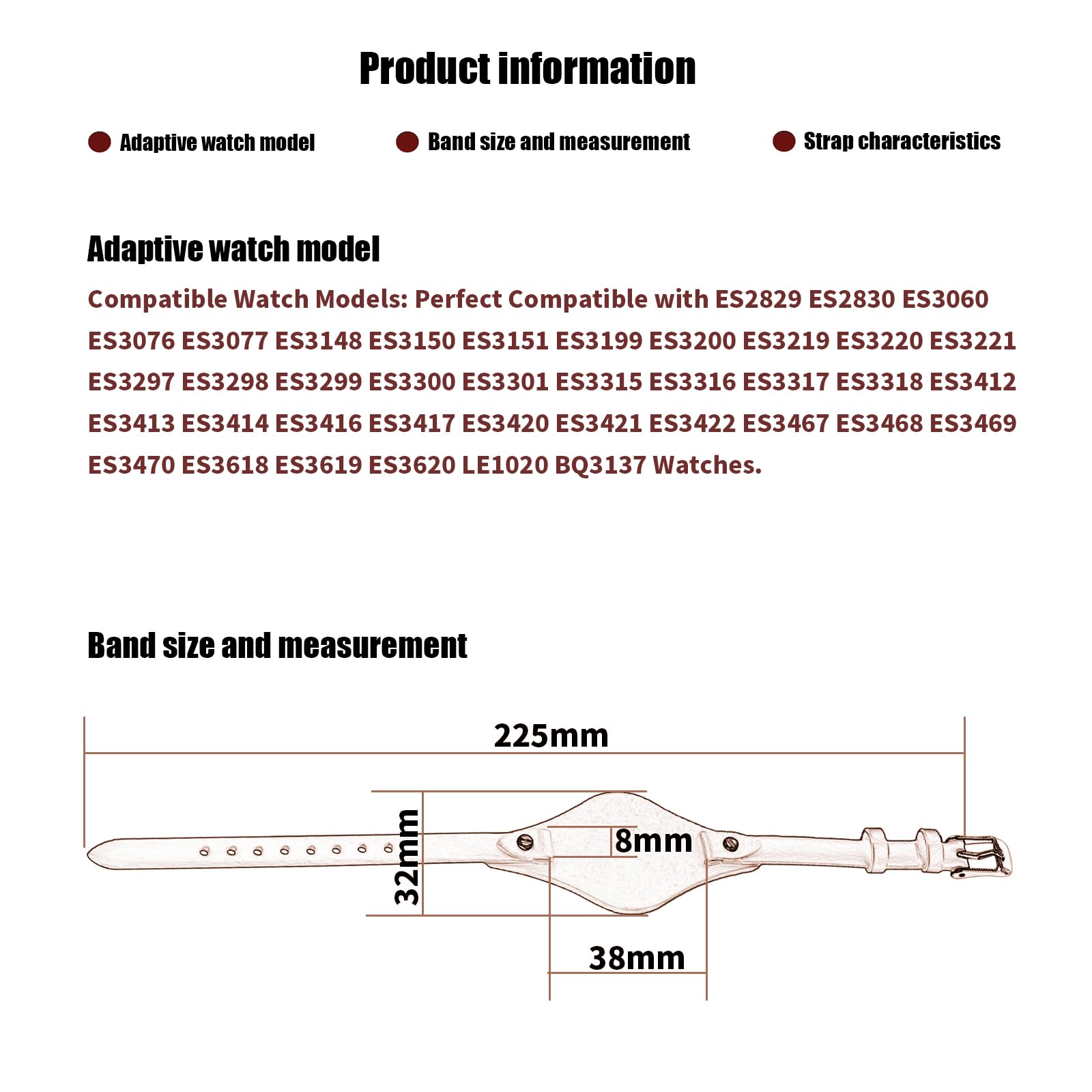 XIW Compatible for 8mm Fossil ES2829 ES2830 ES3060 ES3076 ES3077 women Leather Watch Band Replacement for men Wirstband Strap Bracelet (Brown, 8mm)