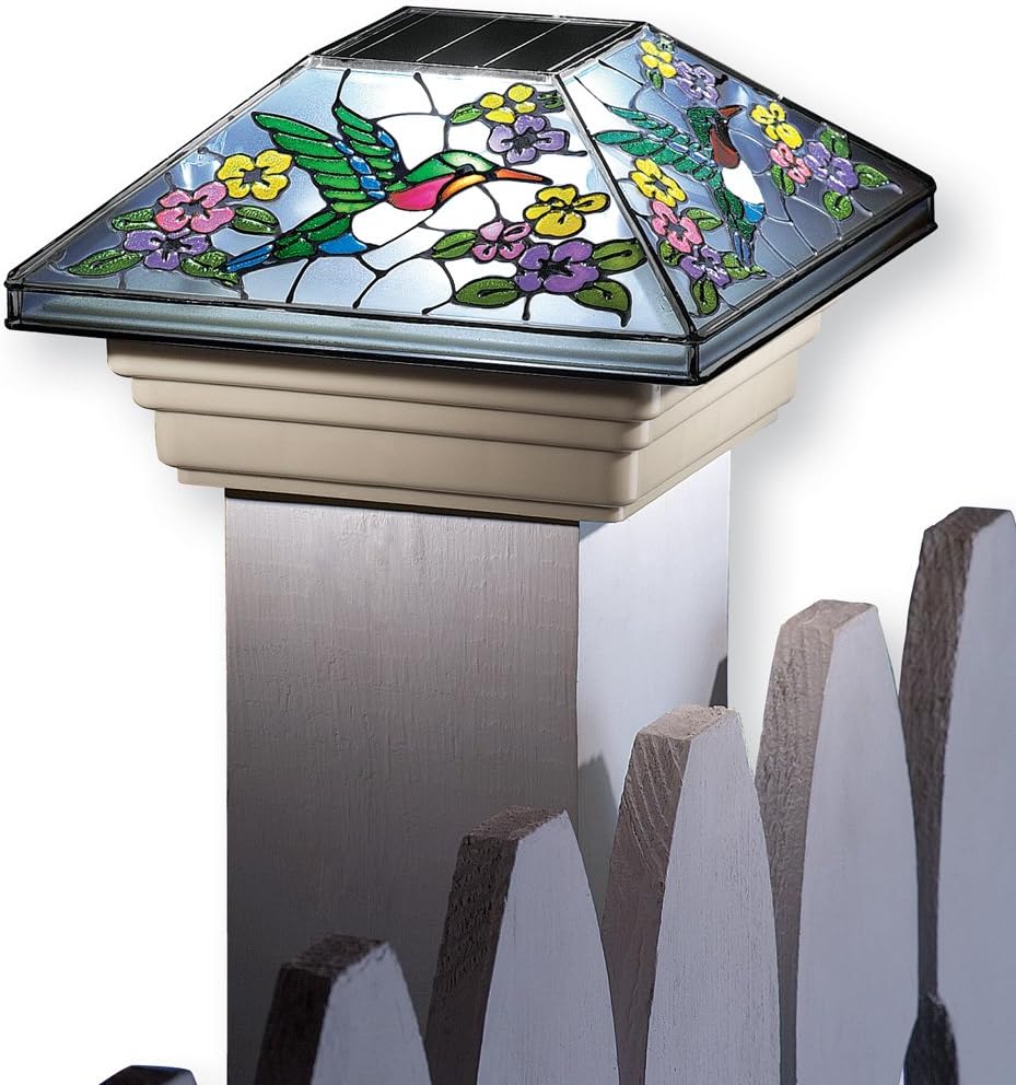 Collections Etc Spring Solar Fence Post Cap Light with Beautiful Colorful Flowers and Hummingbirds, Hummingbird