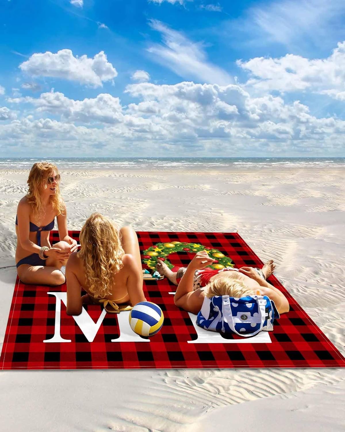 Beach Blanket, Black Red Plaid Green Christmas Wreath Red Bow Xmas Home Beach Mat 118"x108" Large Picnic Blanket,Sandproof Waterproof Outdoor Beach Blankets for Travel Camping Hiking Beach Vacation