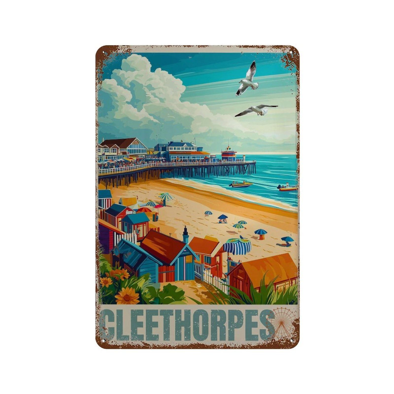 xiaoxiaoshen Cleethorpes England Travel Illustrated Beach (2) Wall Decor Art Metal Tin Poster Modern Home Decor Art Home Bar Shop Decorations Vintage Sign 30x20cm