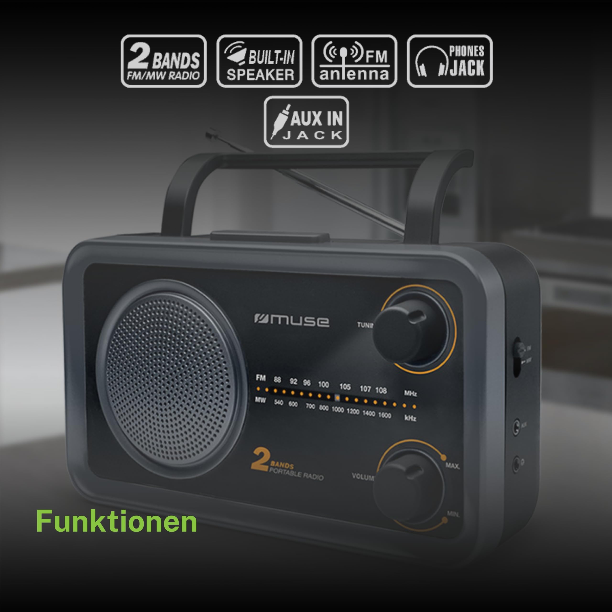 Muse M-06 DS Küchenradio (FM, MW) Radio, Netz- und Batteriebetrieb, AUX-In für Handy, schwarz