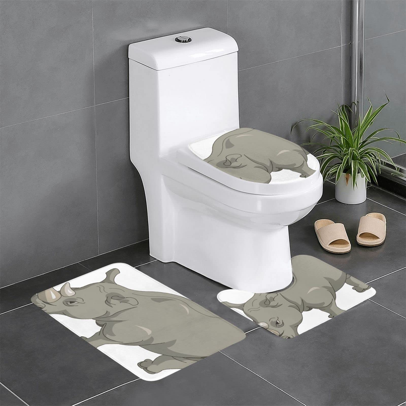 Tapis de bain antidérapants BONDIJ Angry Rhino lot de 3 avec contour WC en U absorbant
