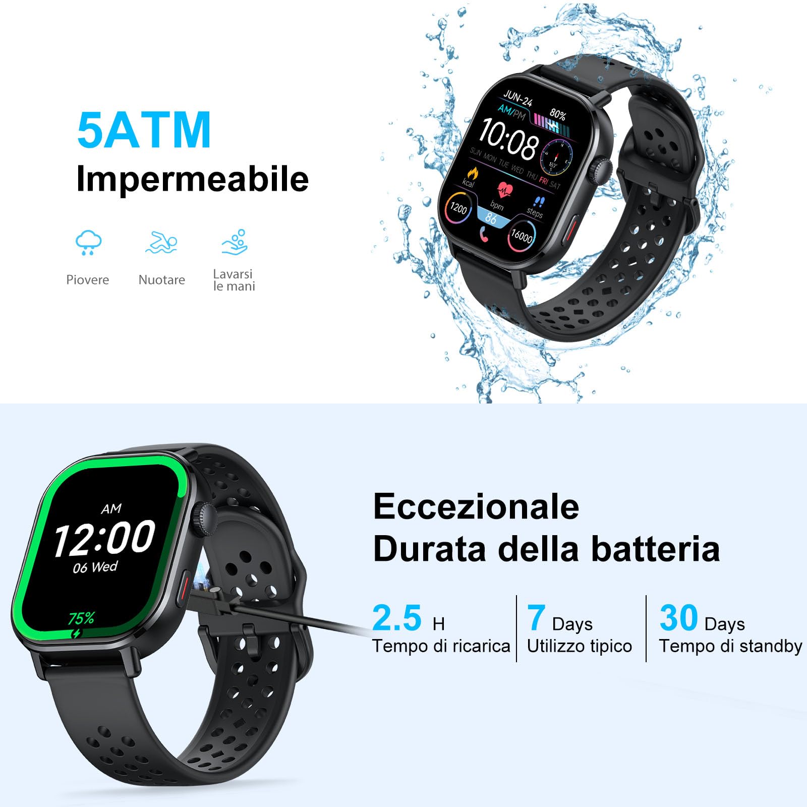 Jugeman Orologio Smartwatch GPS Uomo Donna, 2.06" AMOLED 5ATM Smartwatch con Chiamate, 110+Modalità Smart Watch con Contapassi/Sonno/Cardiofrequenzimetro, Sportivo Fitness Tracker per iOS Androd Nero