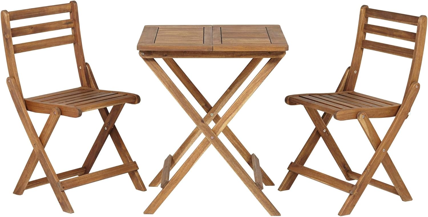 Teal Island Designs Coastal Tropical Wood Slat 3-Piece Outdoor Patio Bistro Folding Square Table and Chairs Furniture 23 1/2" Wide Natural for Cottage Core Spaces Front Porch Home House Balcony Deck