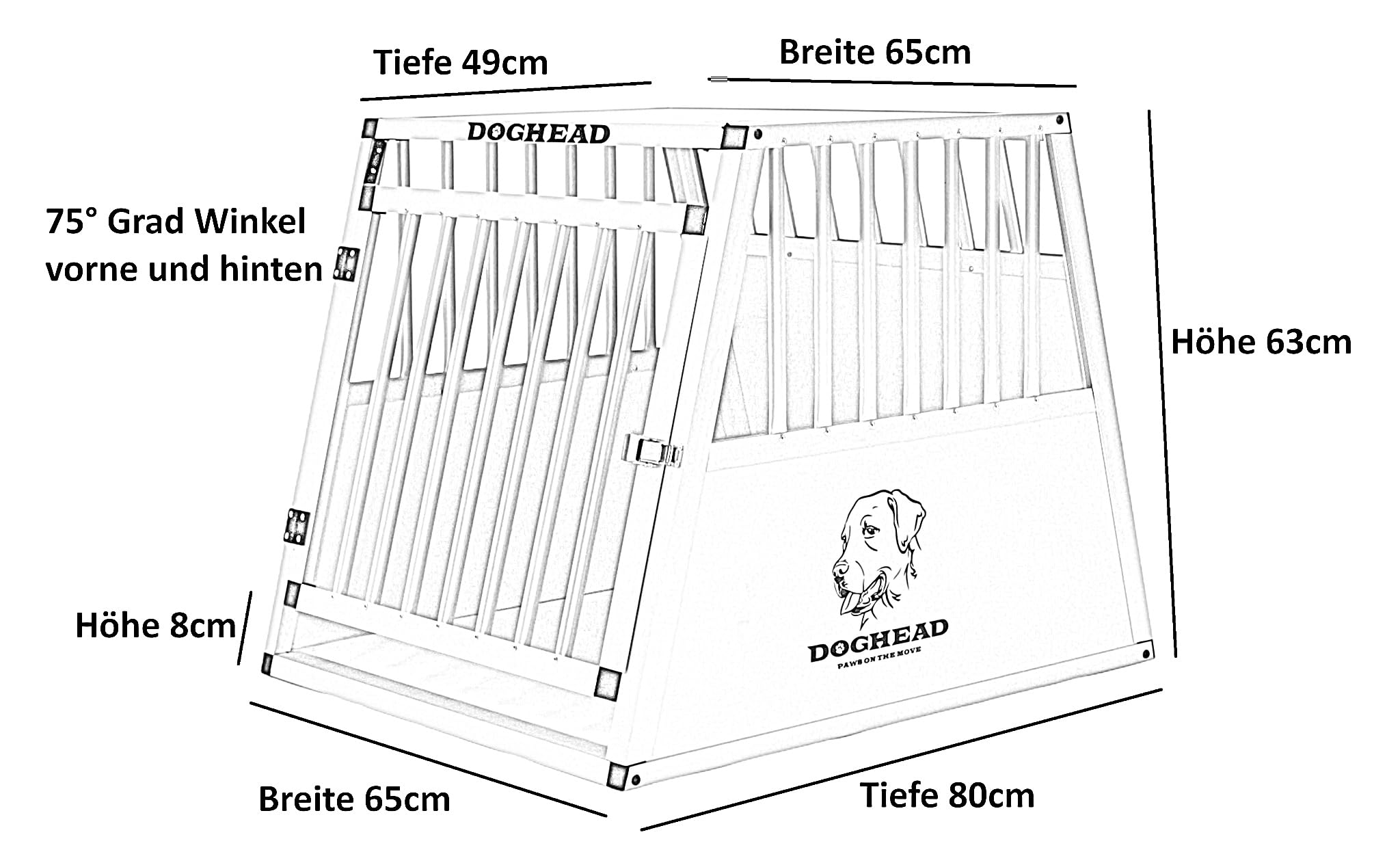 DOGHEAD Hundetransportbox Comfort, Single 65x80x63 cm, Grau/Silber, Aluminium, Beidseitig Abgeschrägt 75°