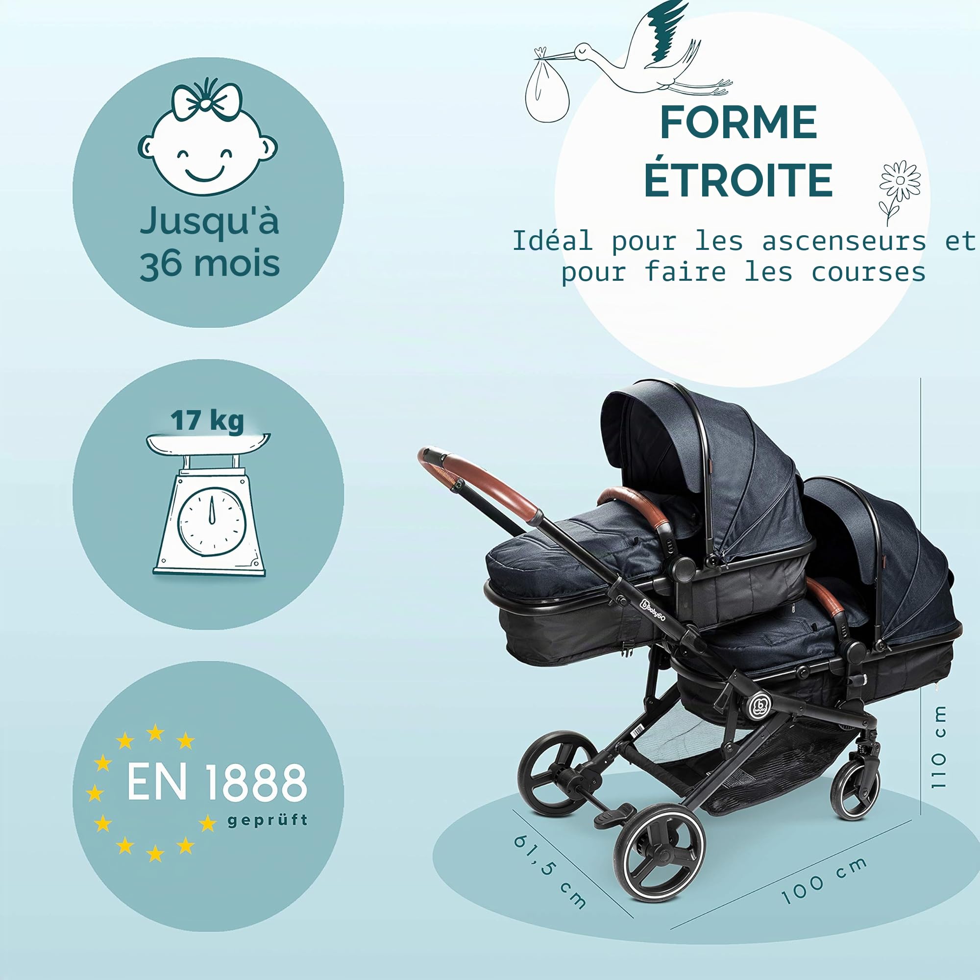 BABYGO Poussette 3 en 1 pour jumeaux - Poussette frère et sœur pour bébé - Poussette double pour 2 enfants avec de nombreux accessoires (gris anthracite chiné, sans nacelle)