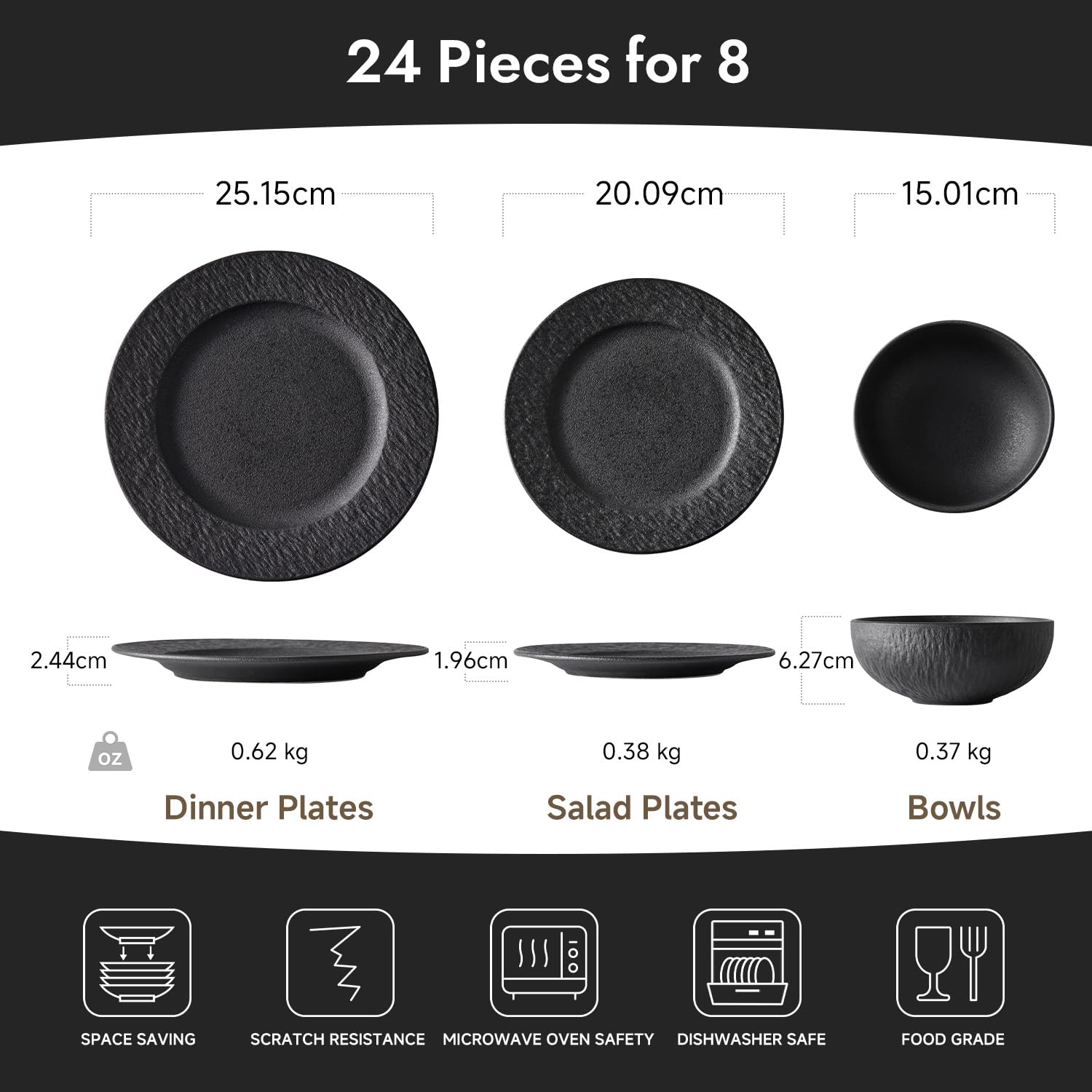 HIKAA Steingut Geschirrset Schwarz 8 Personen, 24-Teiligs Matte Teller Set, Hochwertiges Tafelservice Mikrowellen und Spülmaschinenfest, Kombiservice für Familienessen, Restaurants, Geschenke
