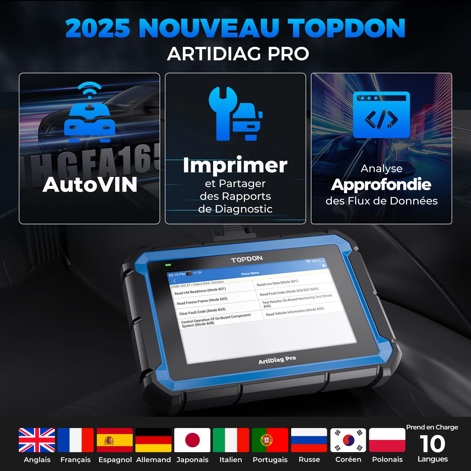 TOPDON ArtiDiag Pro V2.0 Bidirectionnel Valise Diagnostic Auto, Codage ECU