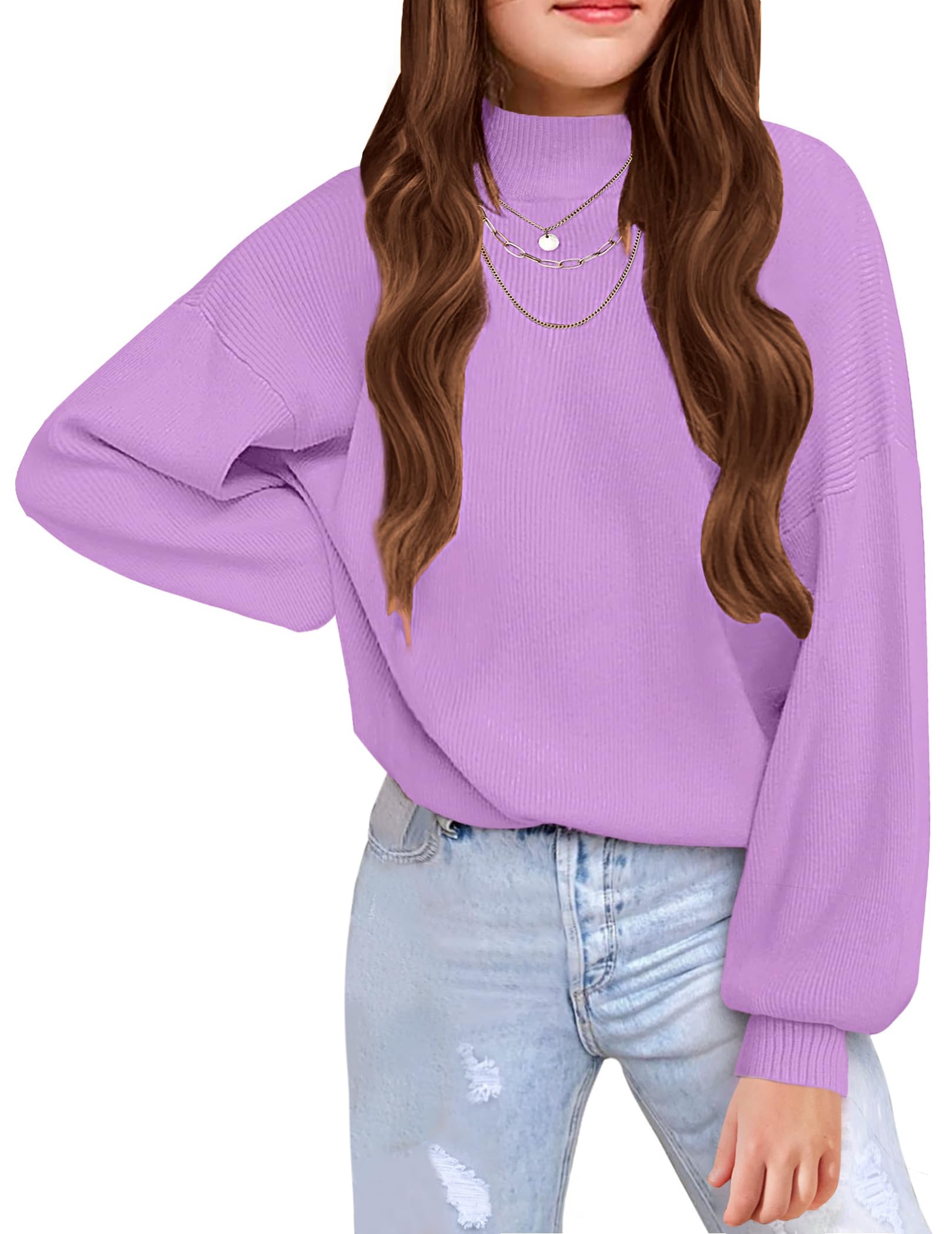 Arshiner Girls Sweater Mock Neck Pullover Casual Latern Sleeve Knit Jumper Tops