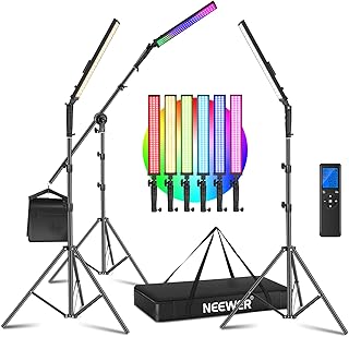 Neewer 2.4G RGB LED Light Stick, 3-Pack Photography Lighting Kit with Remote Control, 21W Dimmable 3200k~5600K/CRI95+/360°Full Color/10 Scene Effect with Stand, Boom Arm and Bag for Studio Photography