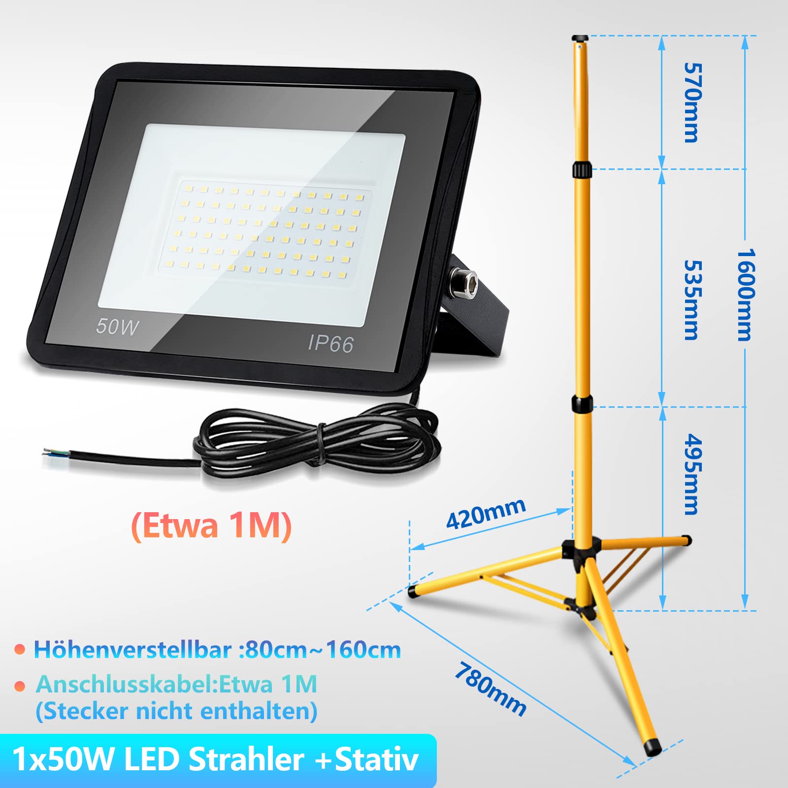 Daromigo Foco LED con trípode, 50 W, incluye trípode de altura regulable y cable de 1 m, foco LED de 6000 K, blanco frío, 4250 lm, resistente al agua, IP66, lámpara de construcción para taller (sin