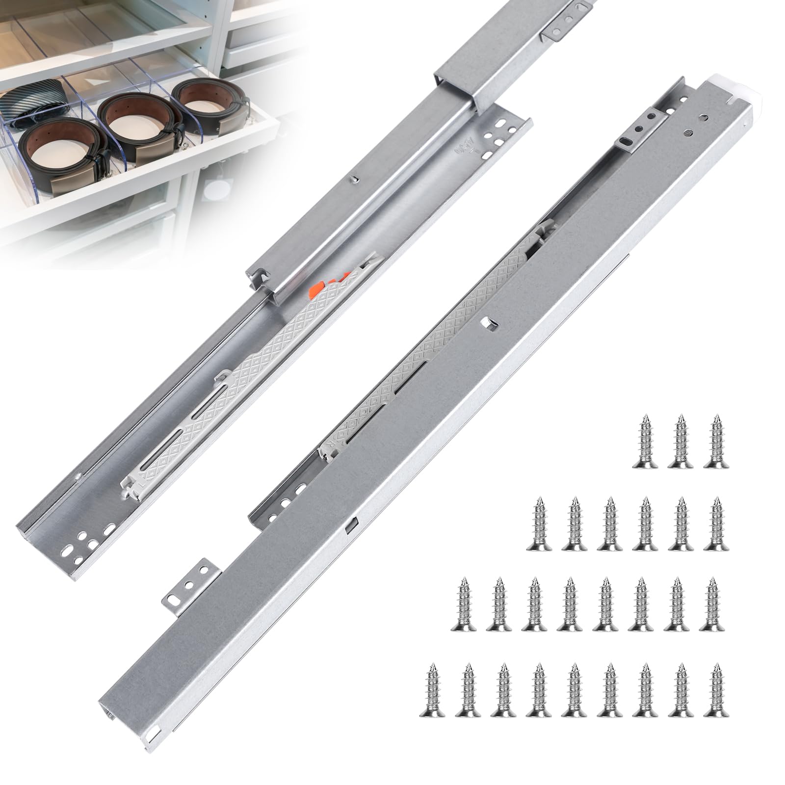 EFUTURETIME 2 x 45 cm szyny do szuflad pełny wysuw 77 cm szufladowy wysuw Softclose o dużej nośności, montaż pod podłogą z prowadnicami podłogowymi z 26 śrubami