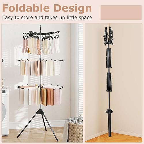Miniatura 8 de Giantex Trípode de secado de ropa, estante de secado de ropa plegable independiente de 3 niveles con 24 clips y 32 varillas, soporte de secado de