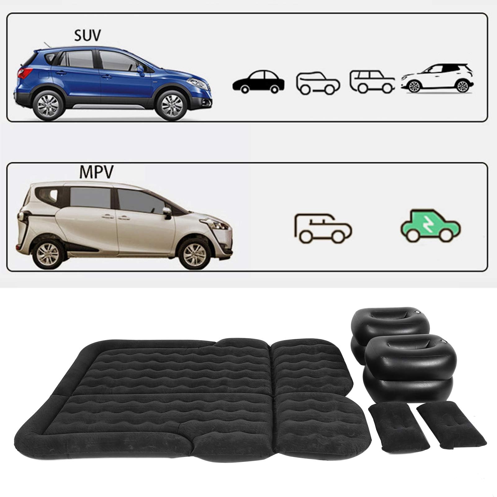Materac Samochodowy SUV, Nadmuchiwany Materac Przenośne Ruchome Grubsze łóżko Powietrzne z Pompą Powietrza i Dwiema Poduszkami do Podróży Camping Zajęcia na świeżym Powietrzu 174 X 126 Cm(czarny)