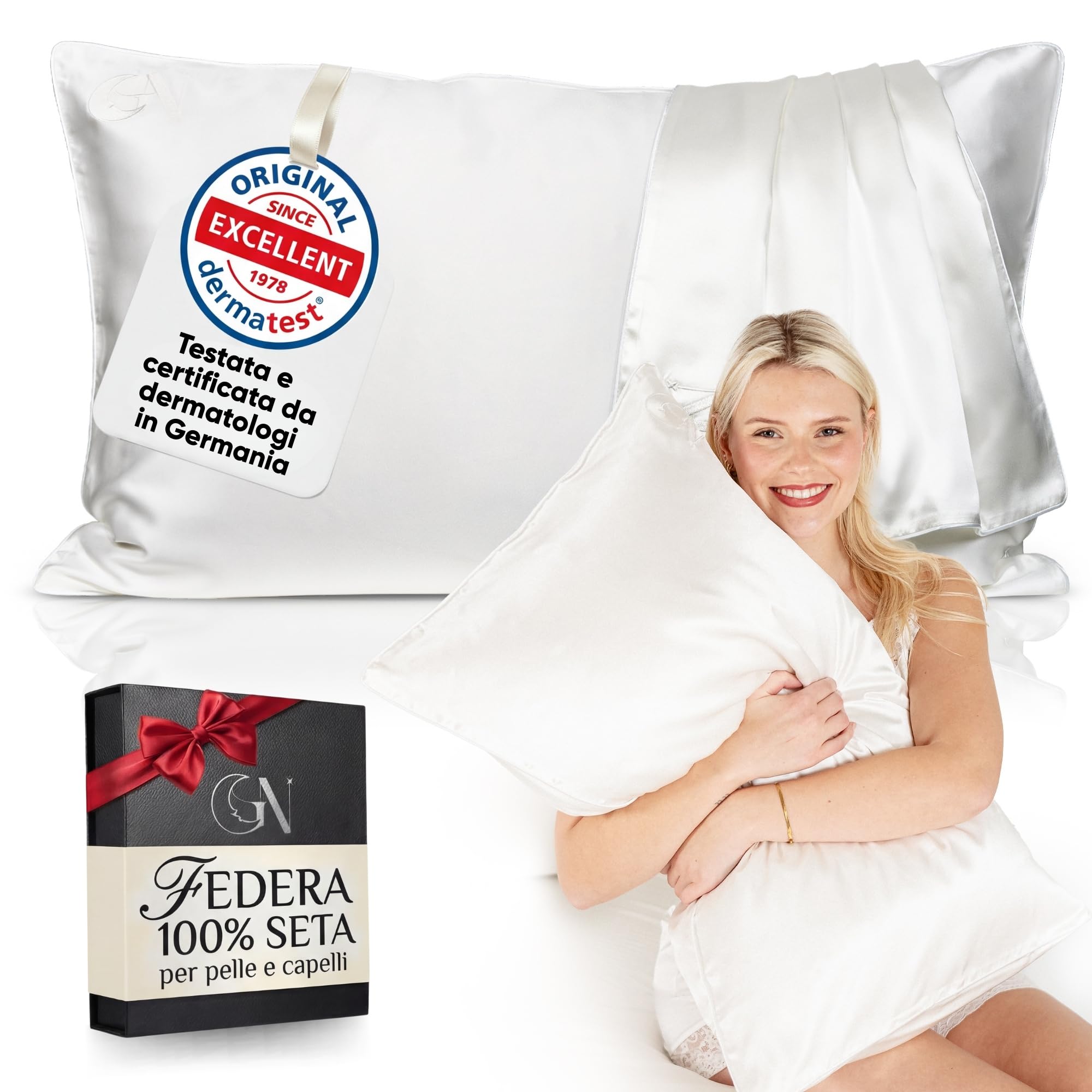 Federa Seta Cuscino 50x80 Certificata da Dermatologi per Pelle e Capelli | Federa in seta per capelli | Massima qualitá 6A, 22 momme | Silk pillowcase (Bianco Avorio - Bordino Bianco Avorio)