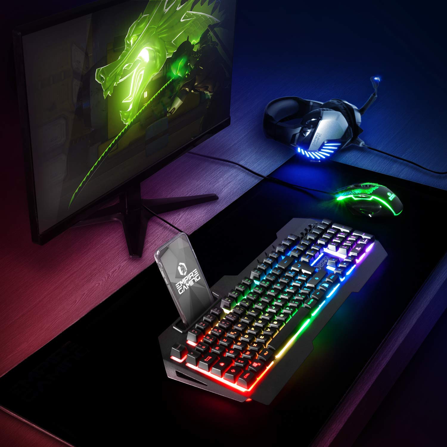 EMPIRE GAMING - Drak Fury Keyboard and Mouse Pack English – Smartphone Holder - 19 Anti-Ghosting Keys – 12 Multimedia Shortcuts - 7 3200 DPI Buttons– 11 LED RGB Back Lighting Modes – Wired USB