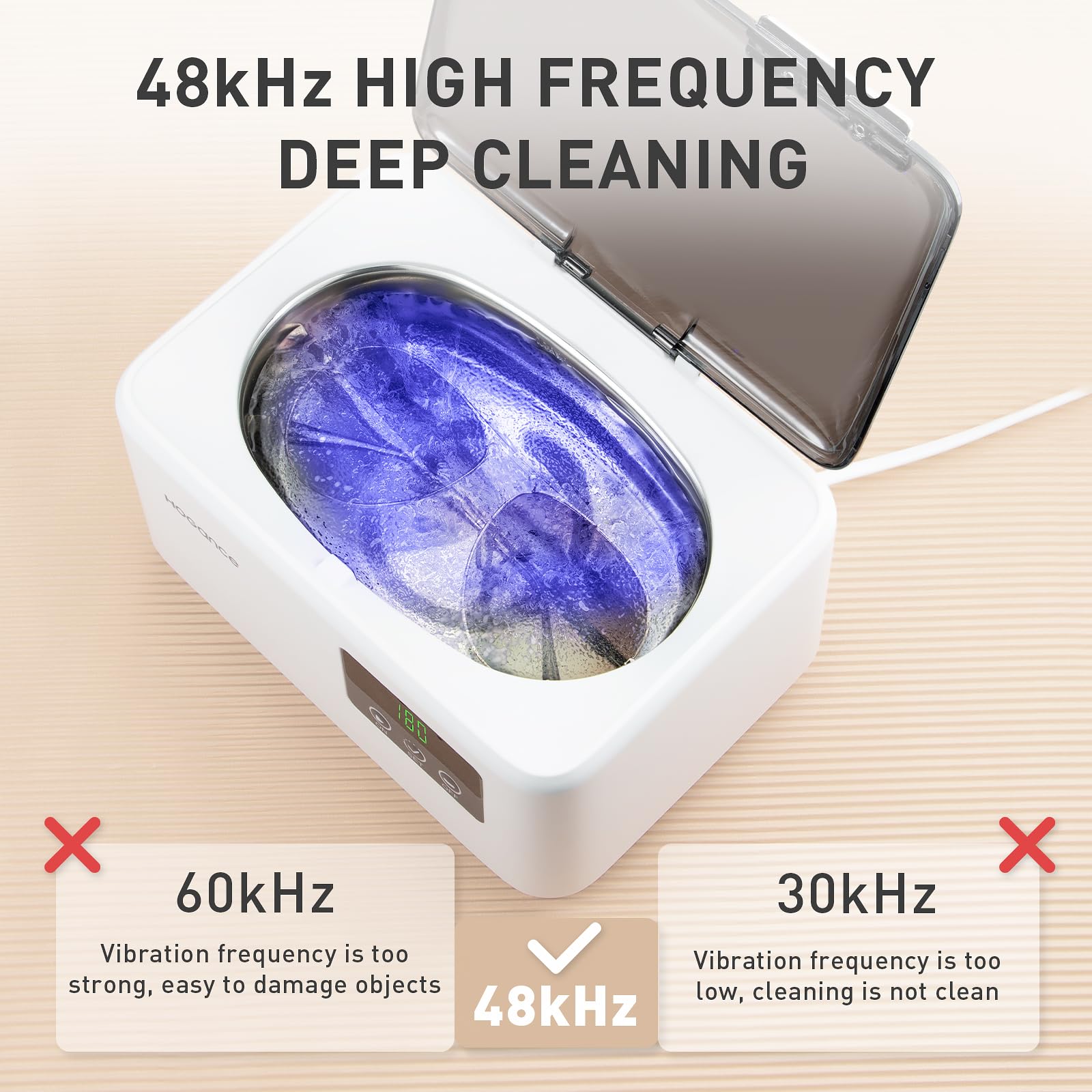 Nettoyeur à Ultrasons 50W, Hogance 48KHz Nettoyeur Ultrasonique 600ML avec 4 Timer Réglages, Machine à Ultrasons pour Prothèses Dentaires, Bagues, Montre, Pièces de Monnaie, Rasoirs