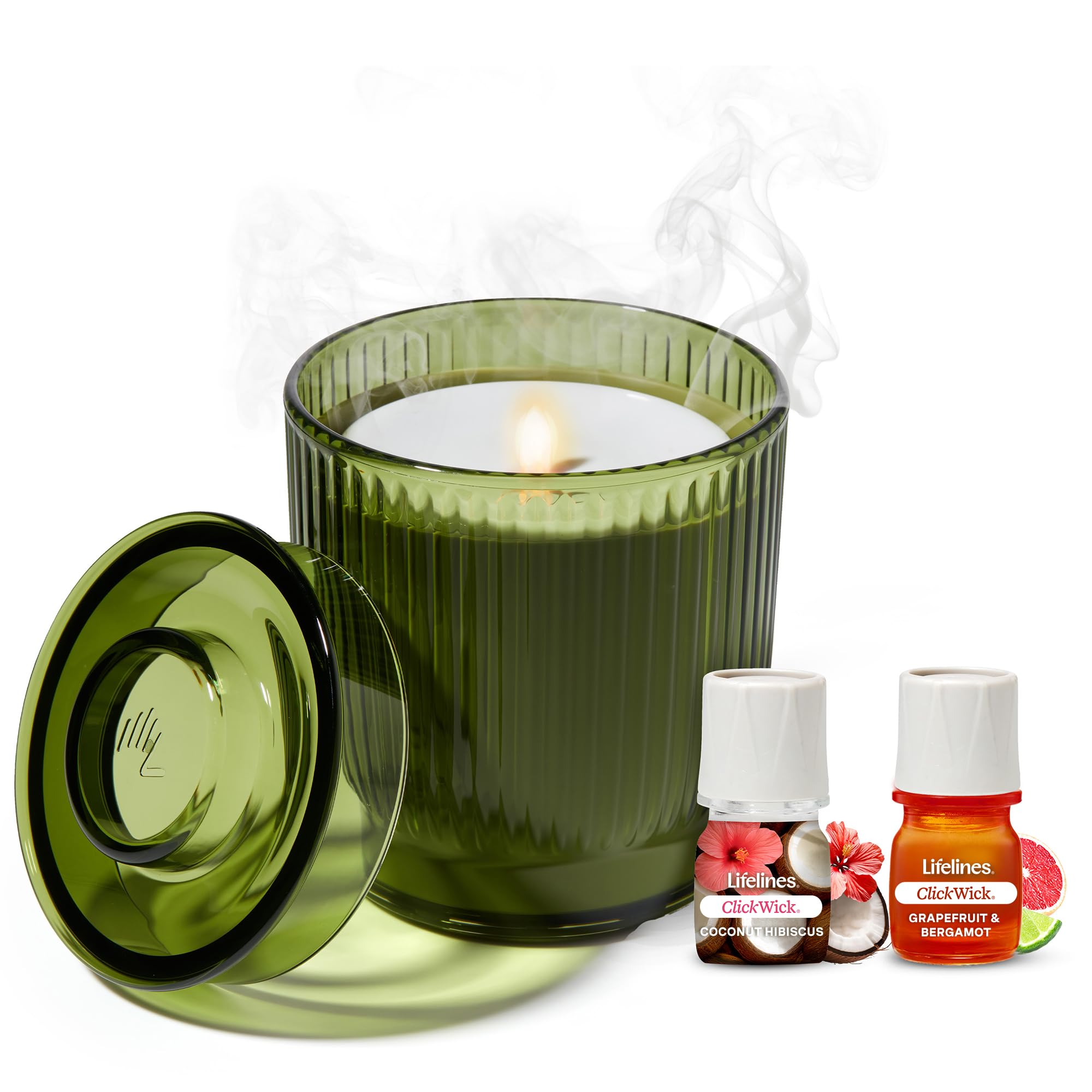 Lifelines Flameless Candle Aromatherapy Essential Oil Diffuser with 2 ClickWick Essential Oil Blends - Cordless & Waterless Diffuser for Home - Scented Electric Candles Blow Out Flame - Olive Jar