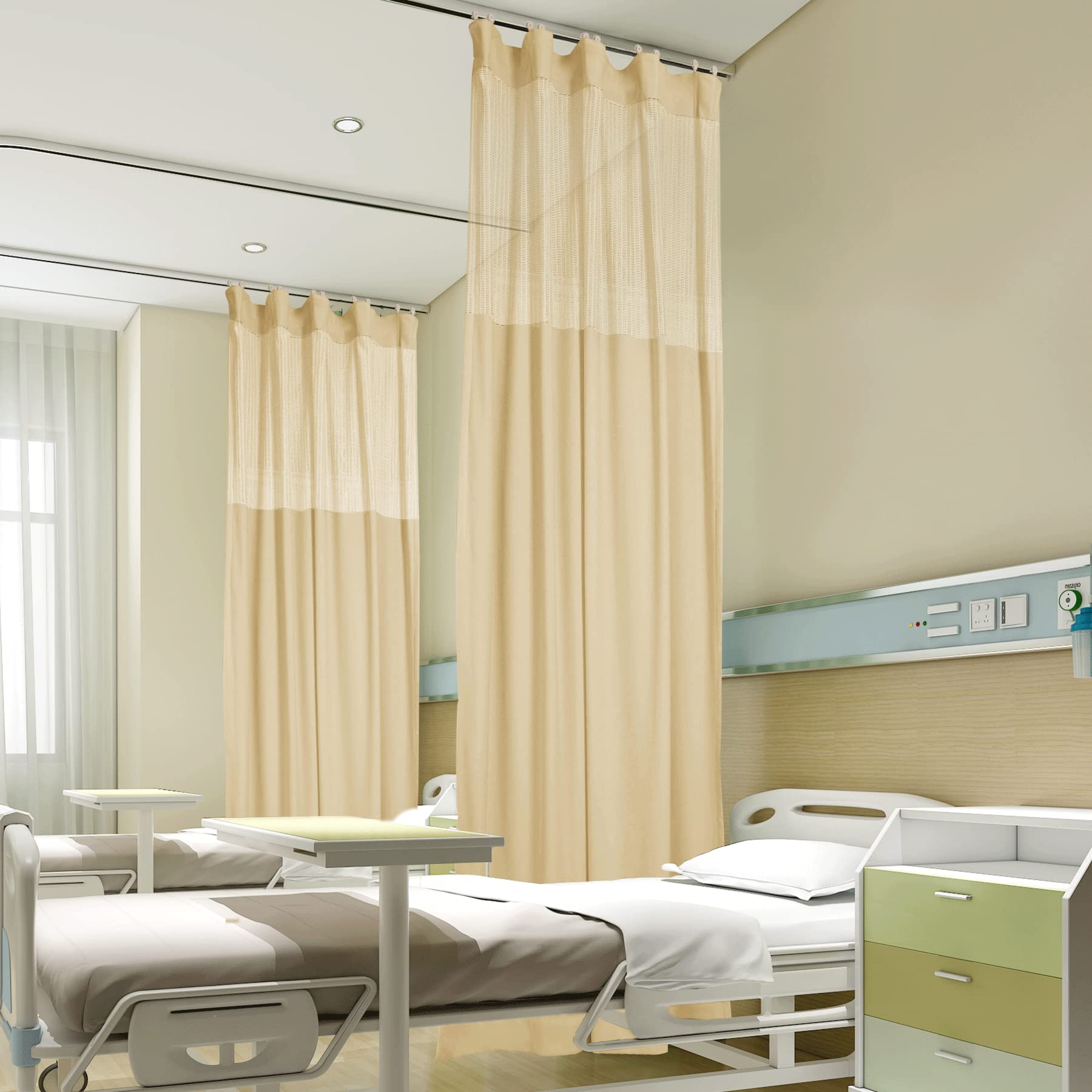 Fcosie 8ft Wide x 7ft Tall Hospital Curtain Divider for Room Separation Mesh Top Medical Exam Room Privacy Curtains with Flat Hooks Header Office Hospital Bed Cubicle Curtain, Bean, 1 Panel