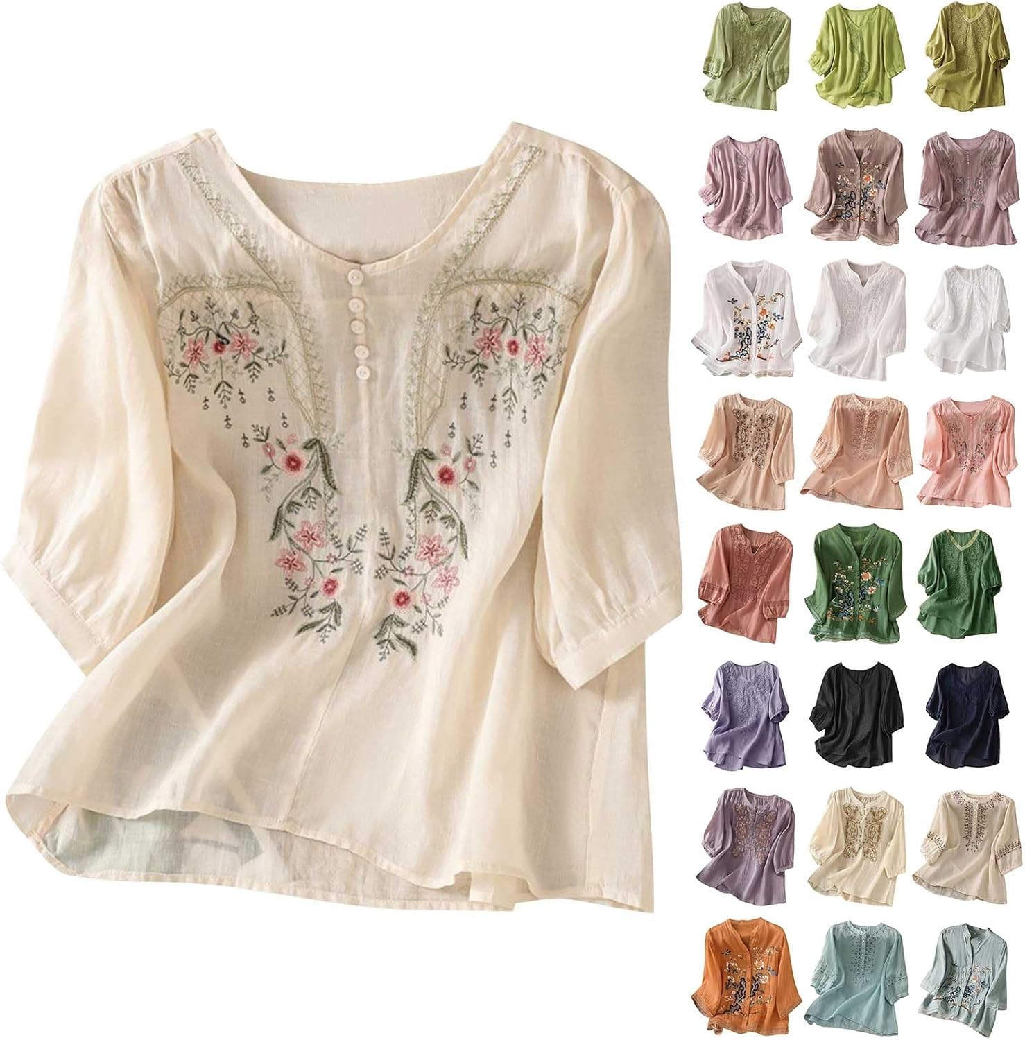 Boho Linen Tops for Women 3/4 Sleeve V Ncek Breathable Embroidered Top Flowy Floral Shirts Loose Dressy Casual Blouses