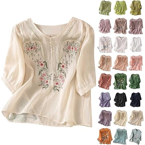Boho Linen Tops for Women 3/4 Sleeve V Ncek Breathable Embroidered Top Flowy Floral Shirts Loose Dressy Casual Blouses
