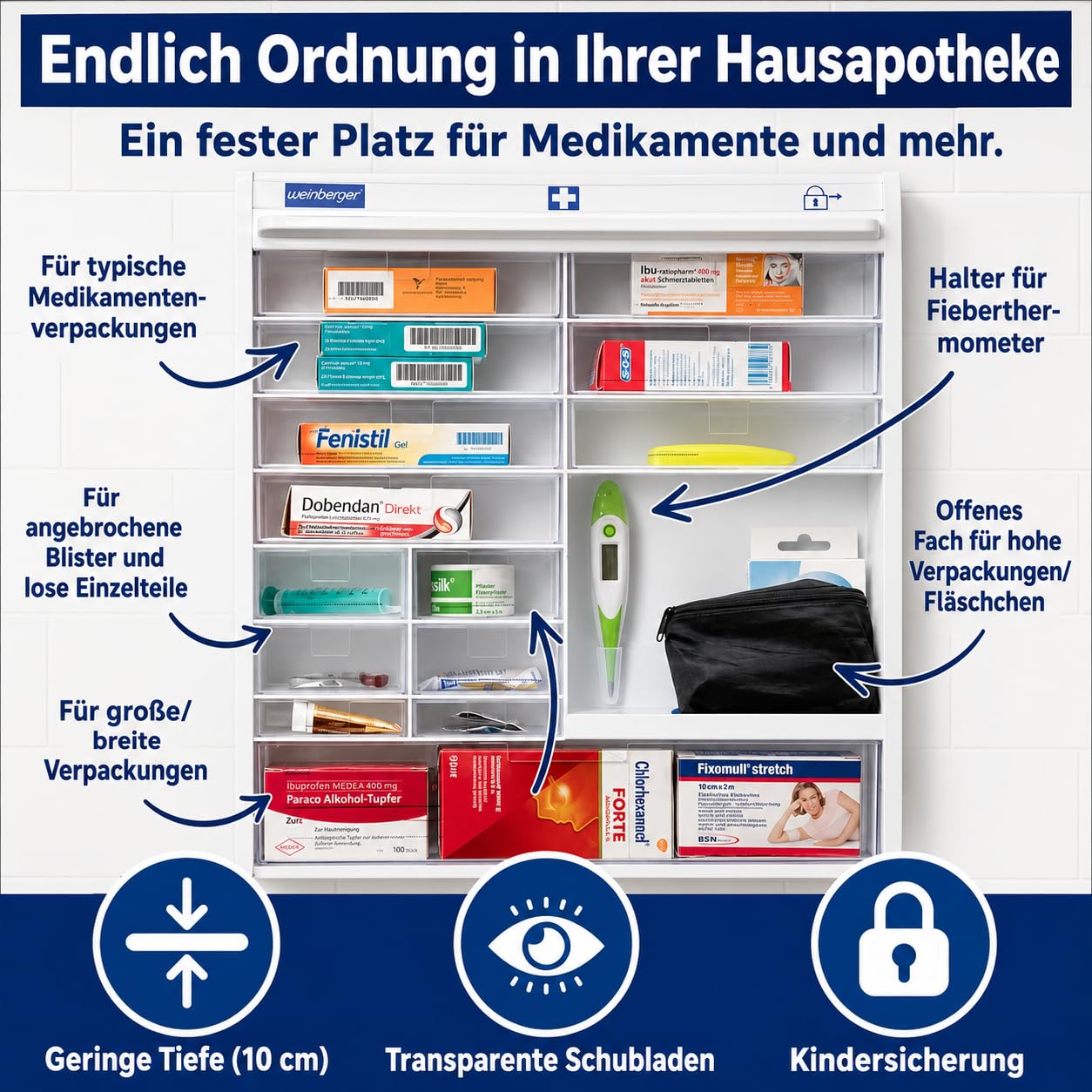 Weinberger Medizinschrank hängend mit 14 Fächern zur Aufbewahrung von Medikamenten & Erste Hilfe Material | Medikamentenschrank mit Kindersicherung & Jalousie I Hausapotheke, Arzneischrank in Weiß