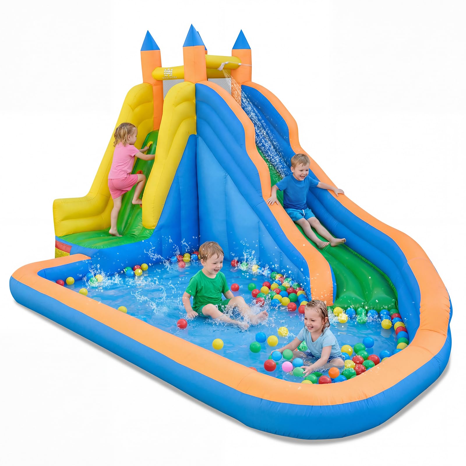 COSTWAY Hüpfburg mit Rutsche, Kletterwand & Planschbecken, Wasserhüpfburg für Kinder ab 3 Jahren, Wasserpark für Außenbereich, 400 x 309 x 245 cm