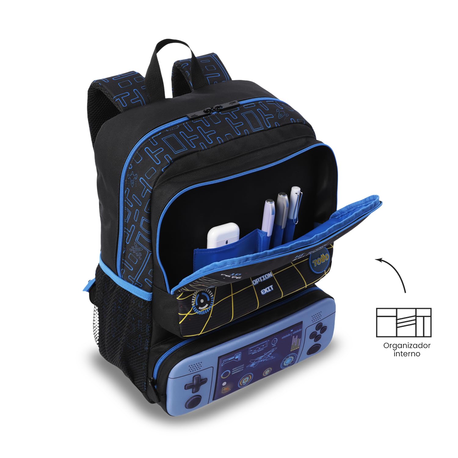 TOTTO - Mochila Escolar, Modelo Vortex M, Mochila Mediana, Capacidad 18L, 2 Compartimentos Delanteros, Bolsillos Botella, Organizador Interno, Correas Acolchadas, Resistente, Estampado Negro