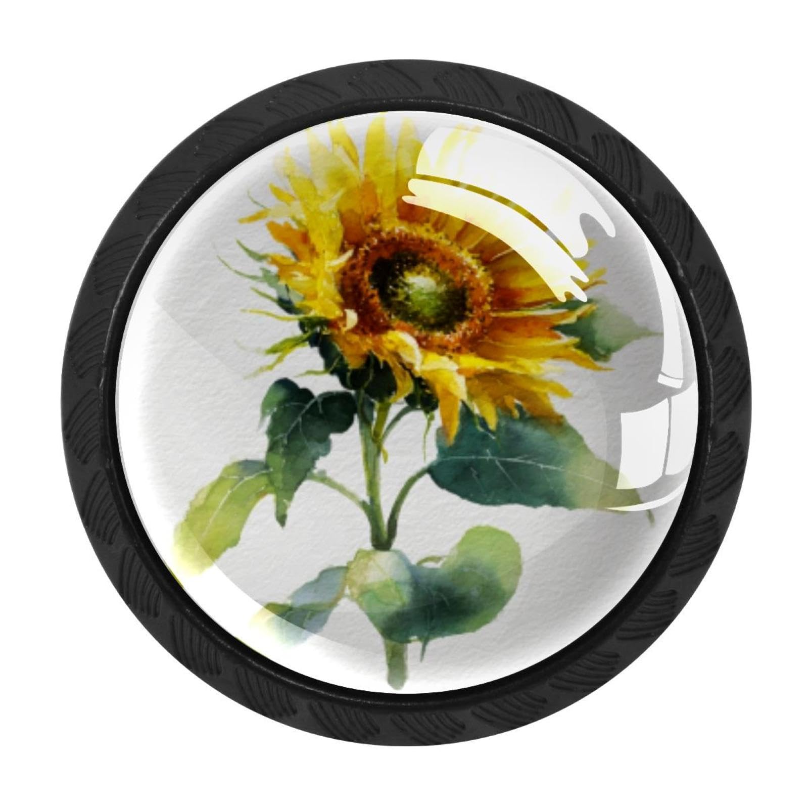 CHENZZZZ 4pcs Round Cabinet Knobs for Home Wardrobe Office Kitchen Dresser and Cupboard Cute Watercolor Sunflower DIY Glass Drawer Pull Handle with Screws