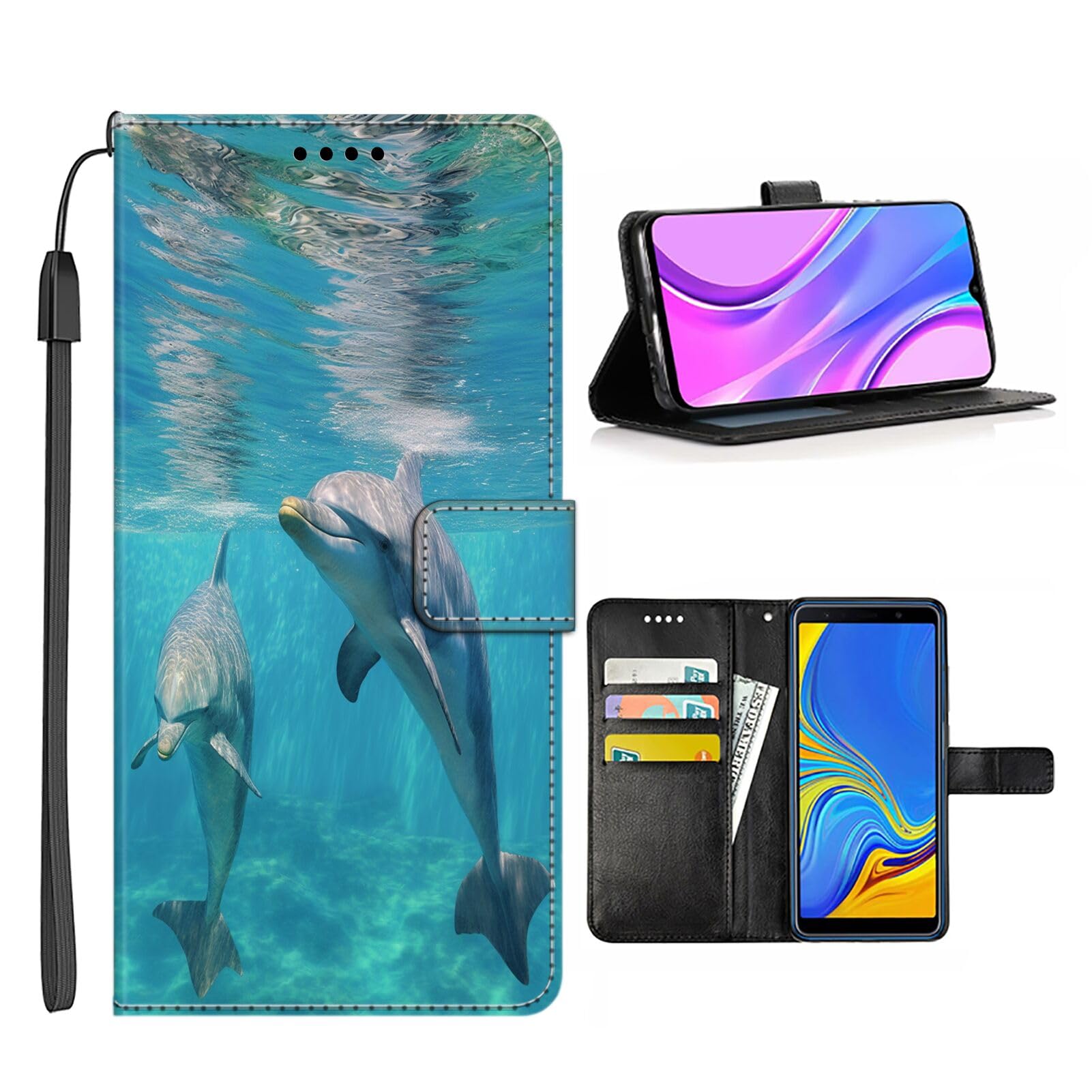 Wallet Case for iPhone 15 Pro Case Dolphin-aa406 Flip Phone Case Folio Credit Cards Holder Wrist Strap PU Leather Kickstand Slots Flip Case with Magnetic Closure QBJ Case