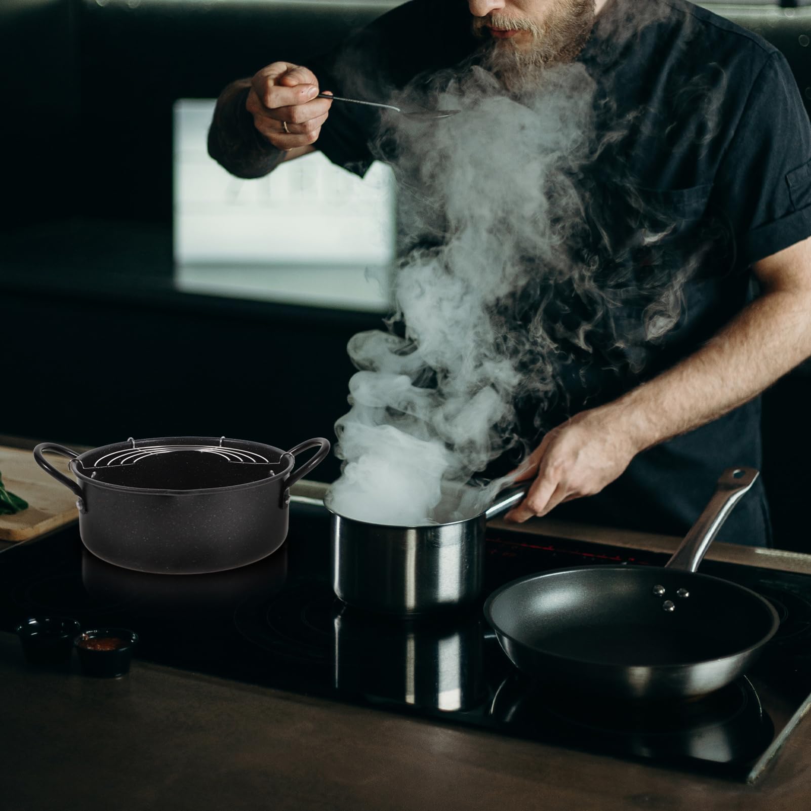 HAKIDZEL 1 Set Style Tempura Frying Pot Deep Fryer Pan with Detachable Oil Drainer Rack Non Stick Surface for Easy Cleaning for Various Fried Foods