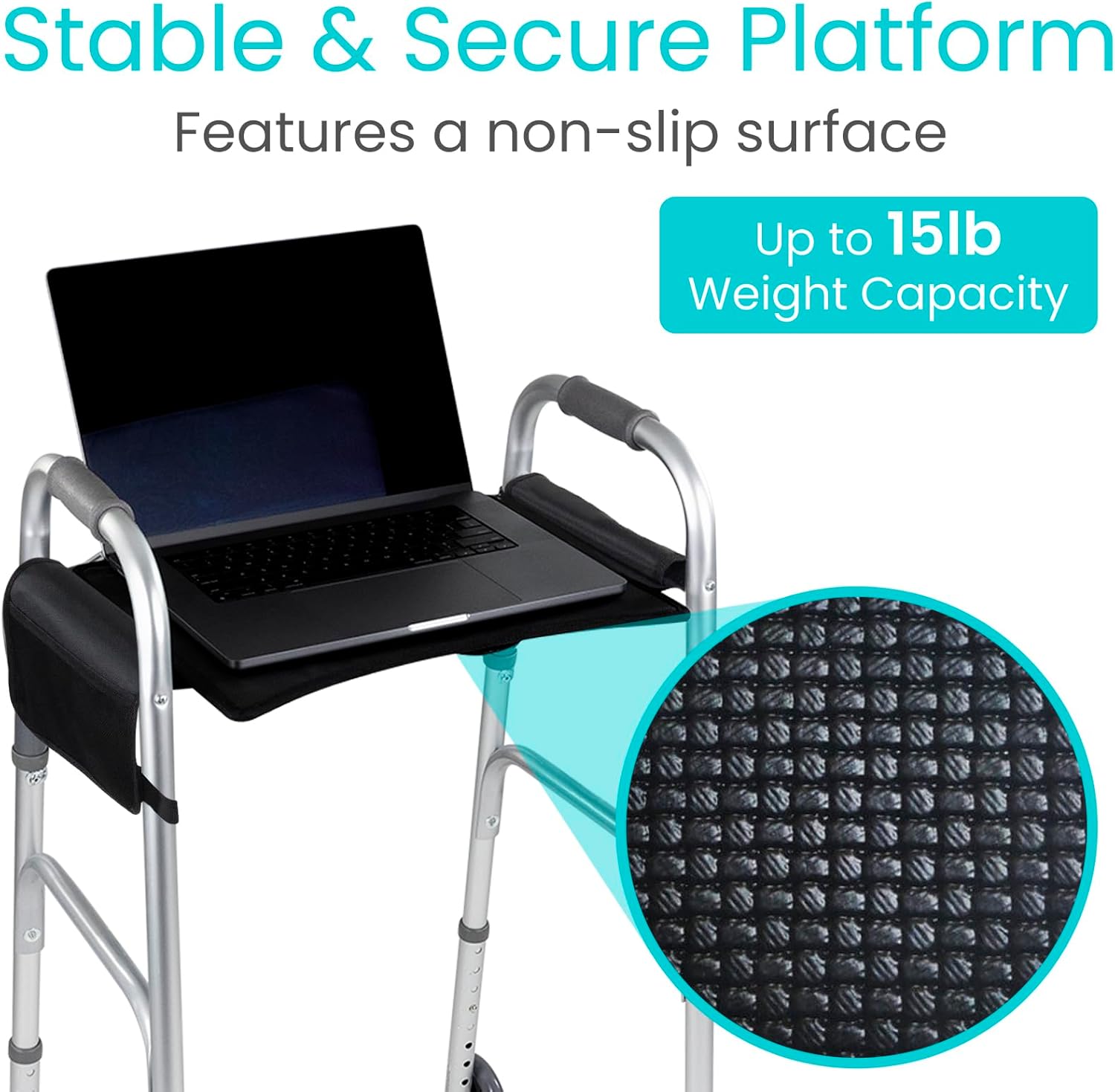 Vive Walker Tray for Folding Walker - (w/Cup Holder & Pockets) - Adult Mobility Accessories - Fits Standard Walkers - Medical Table for Seniors Non Slip Mat for Food - Removable & Easy Assembly