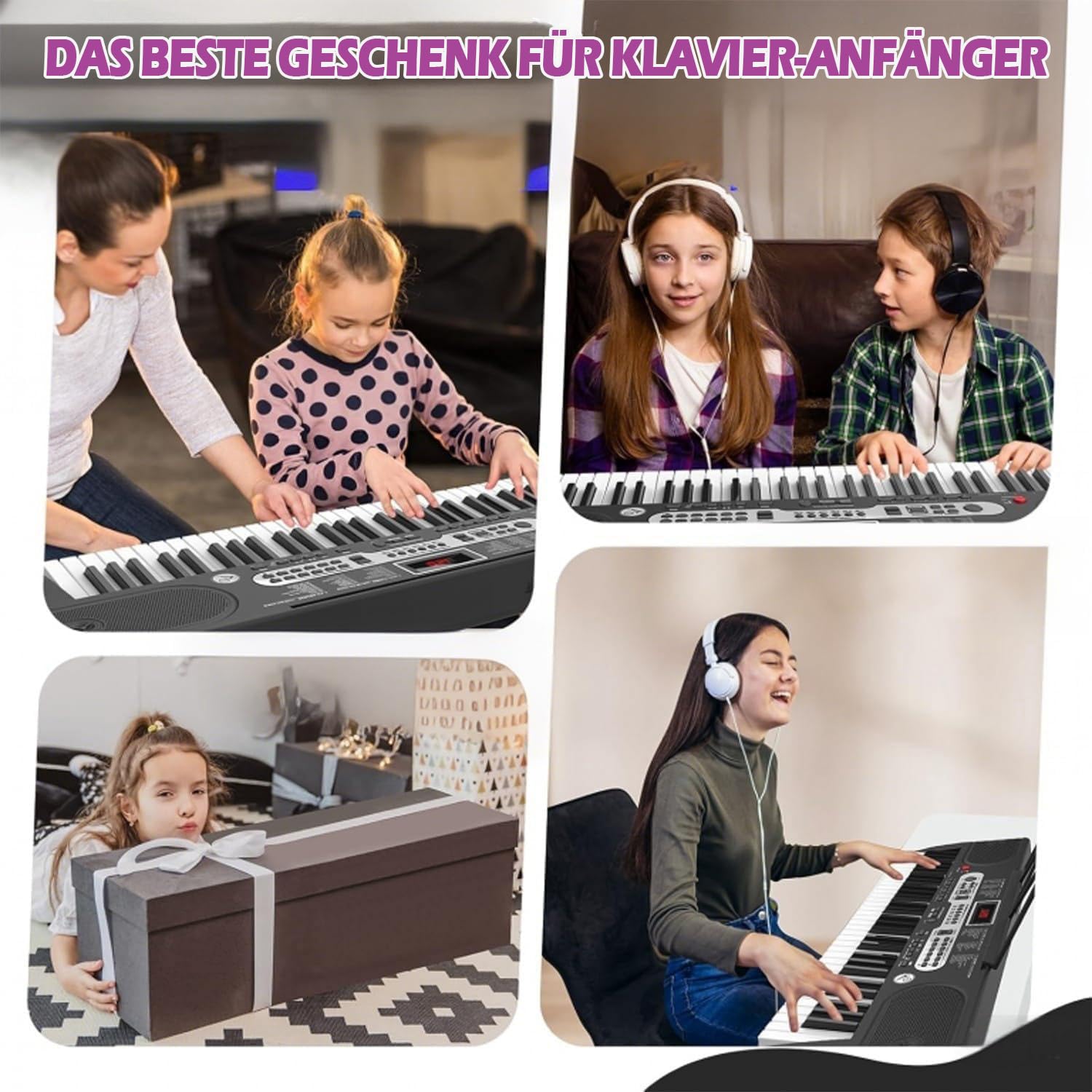 61 Tasten Keyboard Piano für Kinder & Anfänger, Klavier Set mit Mikrofon & Notenablage, Lern-Keyboard Geschenk ab 7 Jahre, Digital Piano Klavierunterricht Lern-Keyboard Geschenk, Schwarz