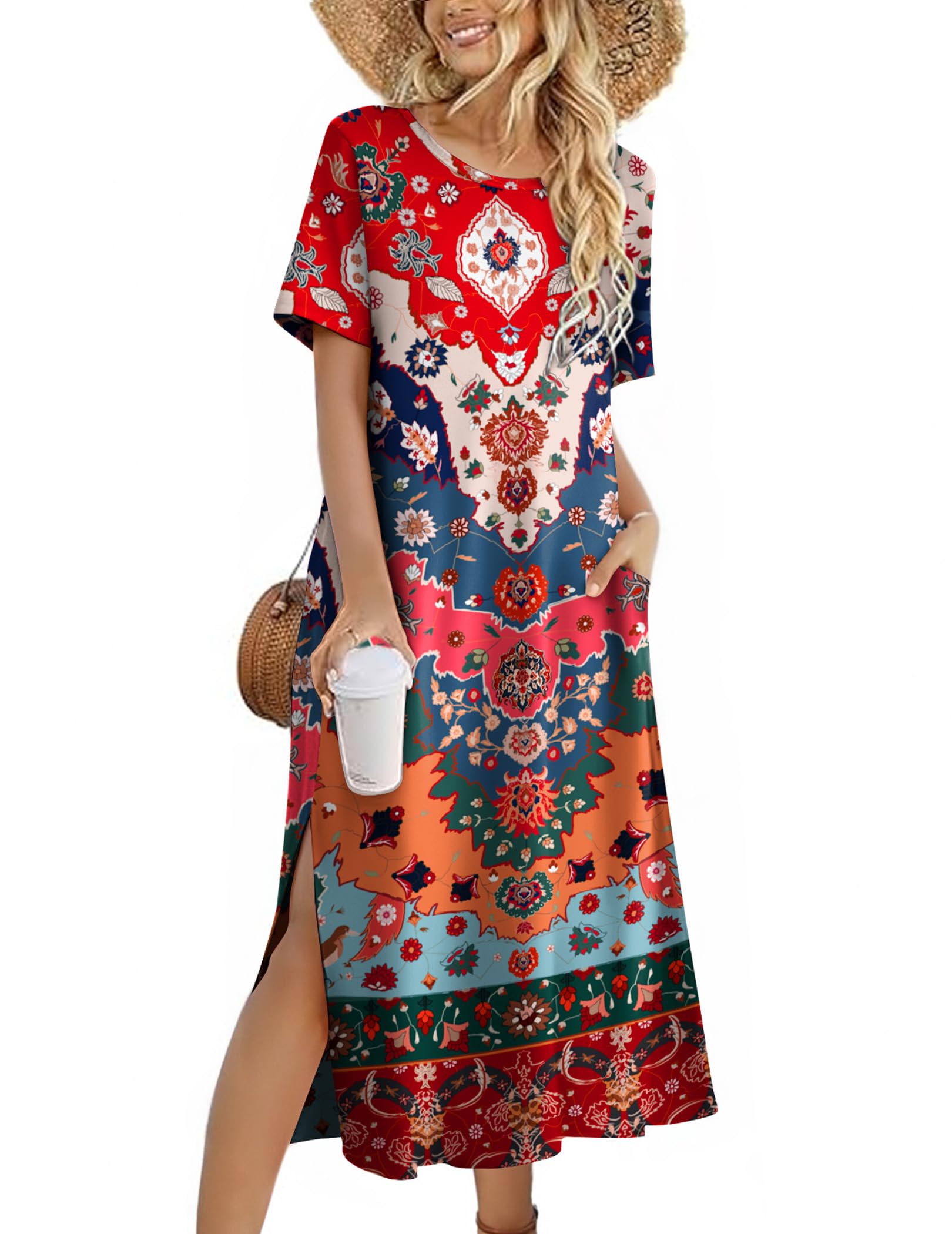 Zeagoo Women Floral Summer Dress Casual Beach Dress Printed T Shirt Dress Split Long Dress Travel 2025 Vacation Dress
