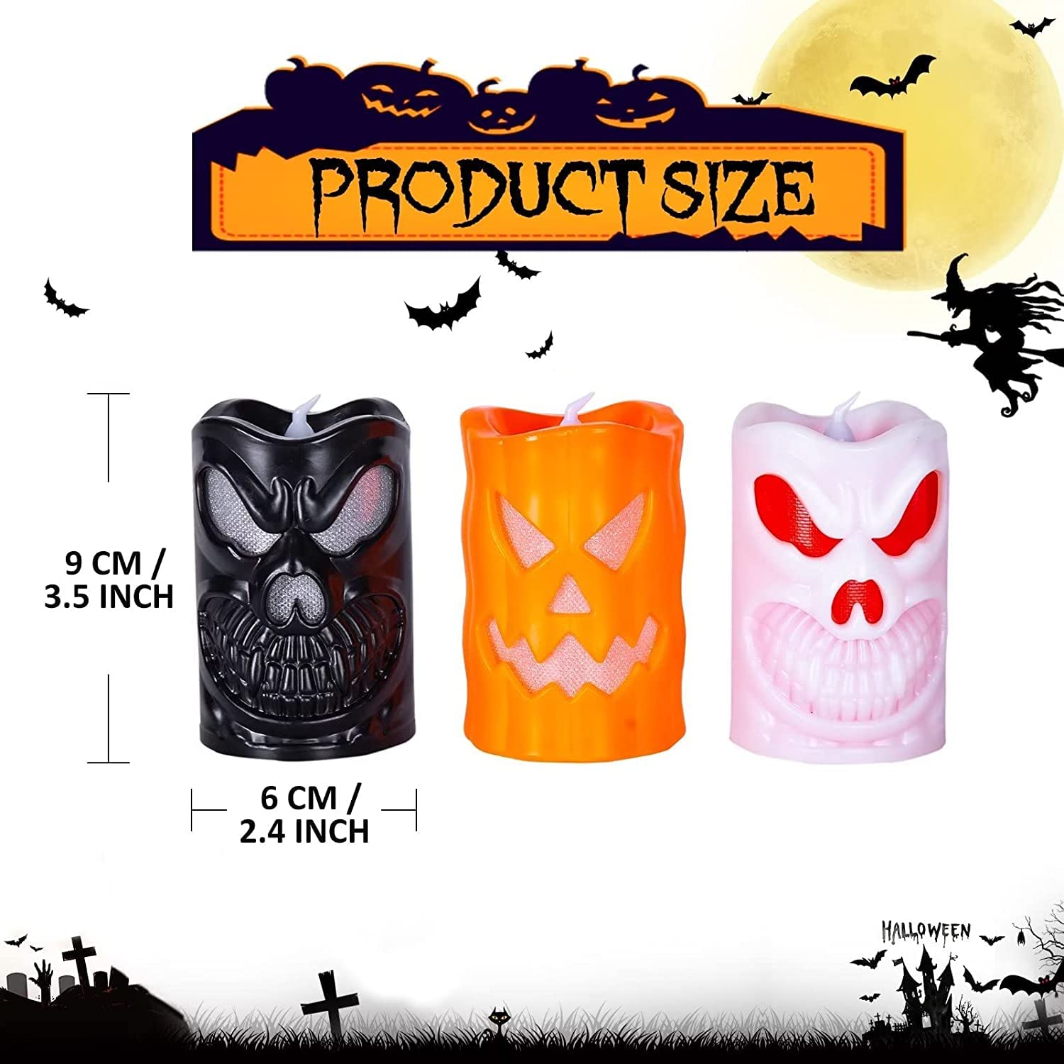 Partysanthe Halloween Candle- Halloween Flameless with Color Changing LED Candle with Pumpkin, Skull, Ghost for Halloween Decorations Random Design 1pc 1