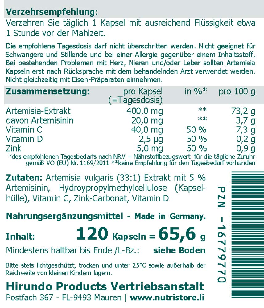 Artemisia Beifuß 400 mg Extrakt Kapseln 120 Stk. - Artemisia vulgaris 33:1 mit 5% Artemisinin - 4 Monatsvorrat - The Nutri Store - Made in Germany