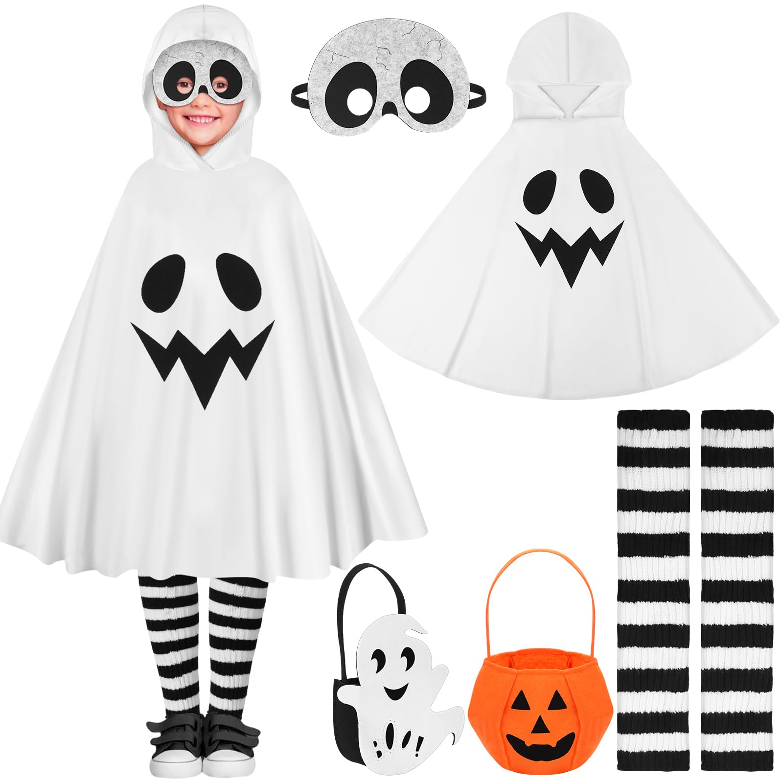 Blulu5 Pcs Halloween White Ghost Costume Kids Halloween Poncho Pumpkin Ghost Bucket Mask Striped Leg Warmers for Kids Party Cosplay