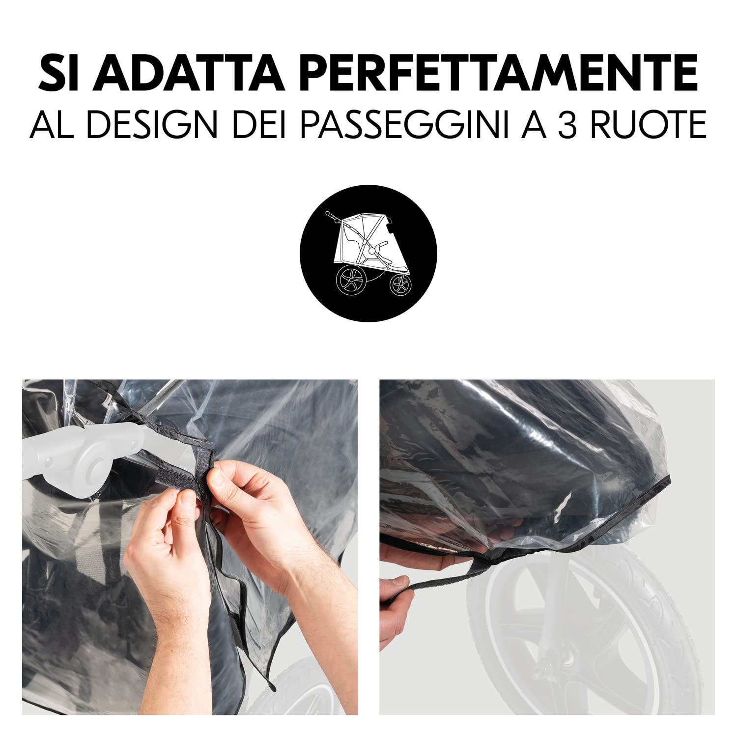 hauck Parapioggia Passeggino 3 Ruote Universale - 58 x 48 x 90 cm Compatibile con Modelli Runner - Antipioggia Catarifrangente con Finestrina e Fori di Ventilazione - Facile da Fissare - Trasparente