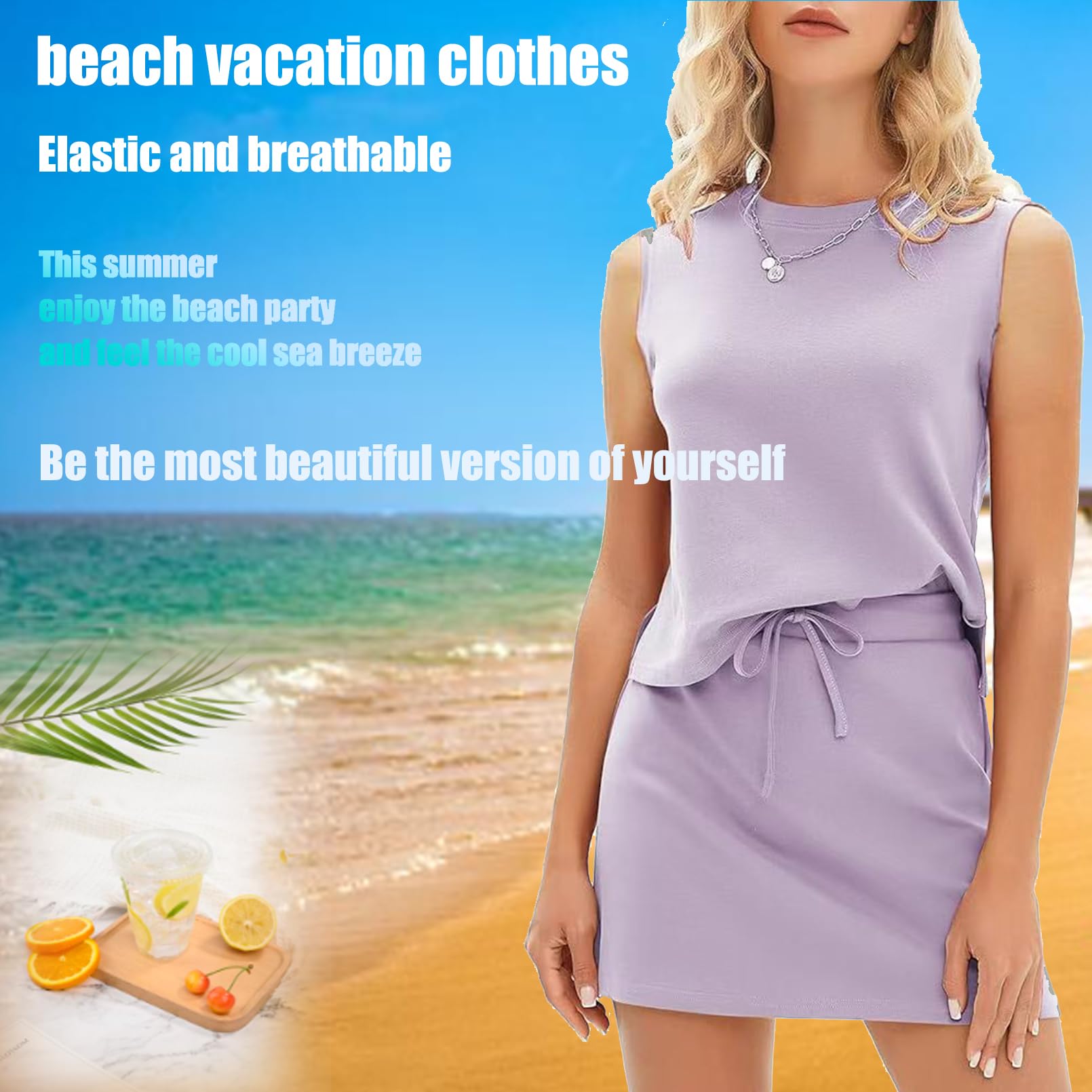 Skort Sets Women 2 Piece Outfits, Tennis Skirt Sets Women 2 Piece Outfits, Beach Vacation Clothes for Womens (Sleeves/No Sleeves)