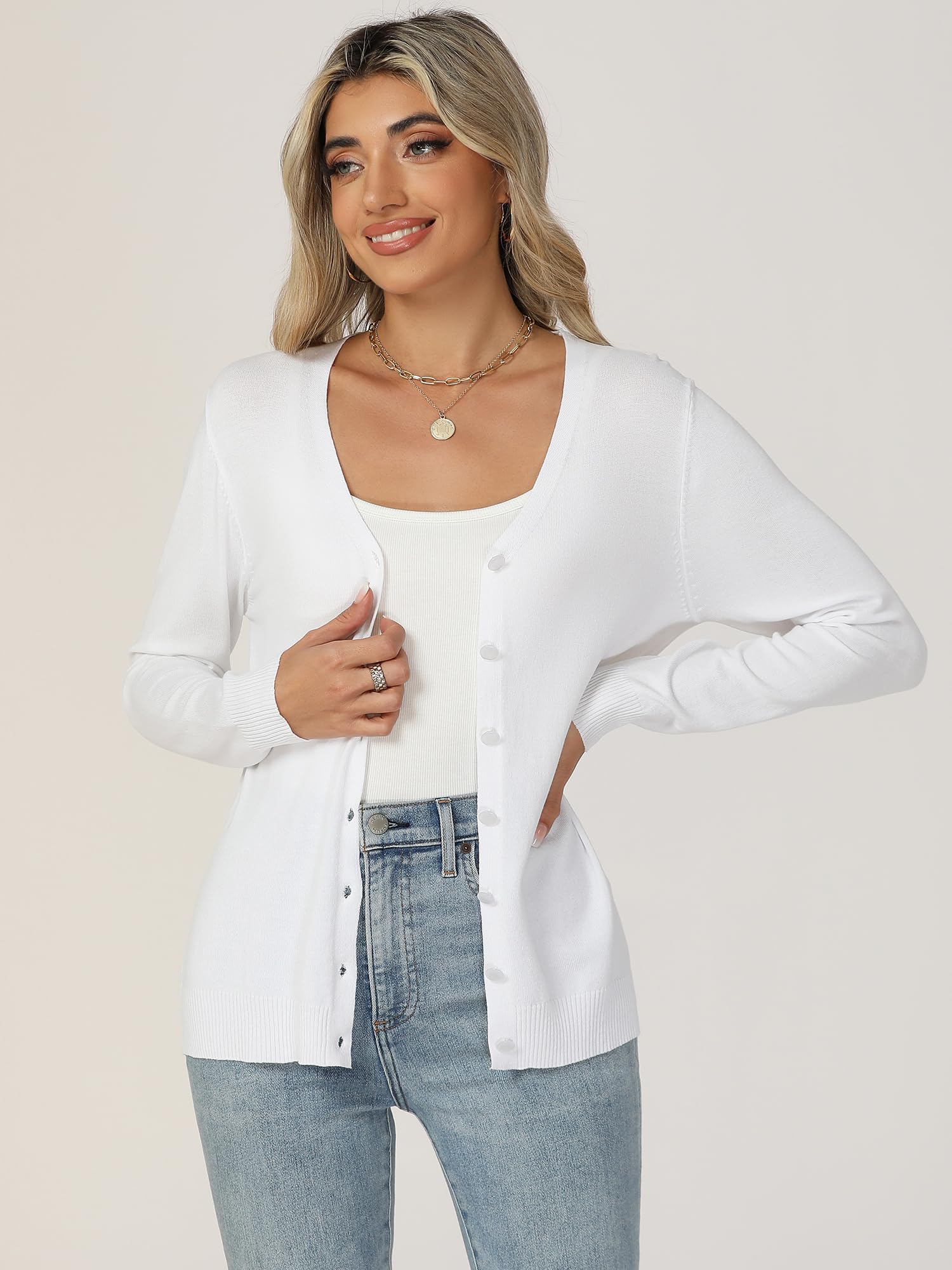 Gilet Femme Cardigan avec Bouton Col en V Été Printemps Manches Longues Veste Tricot Léger Casual Gilets
