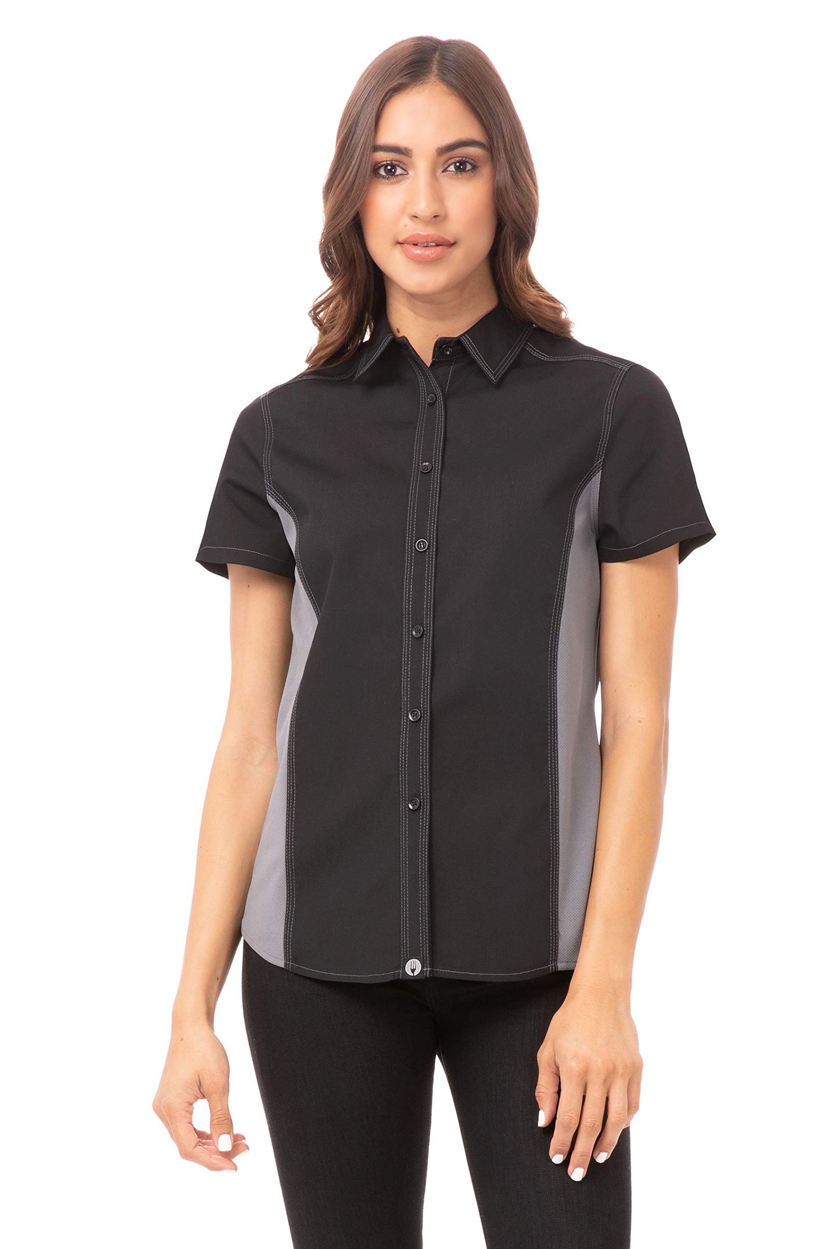 Chef Works Custom Embroidered Womens Universal Contrast Shirt, Blk Gry Mesh, M