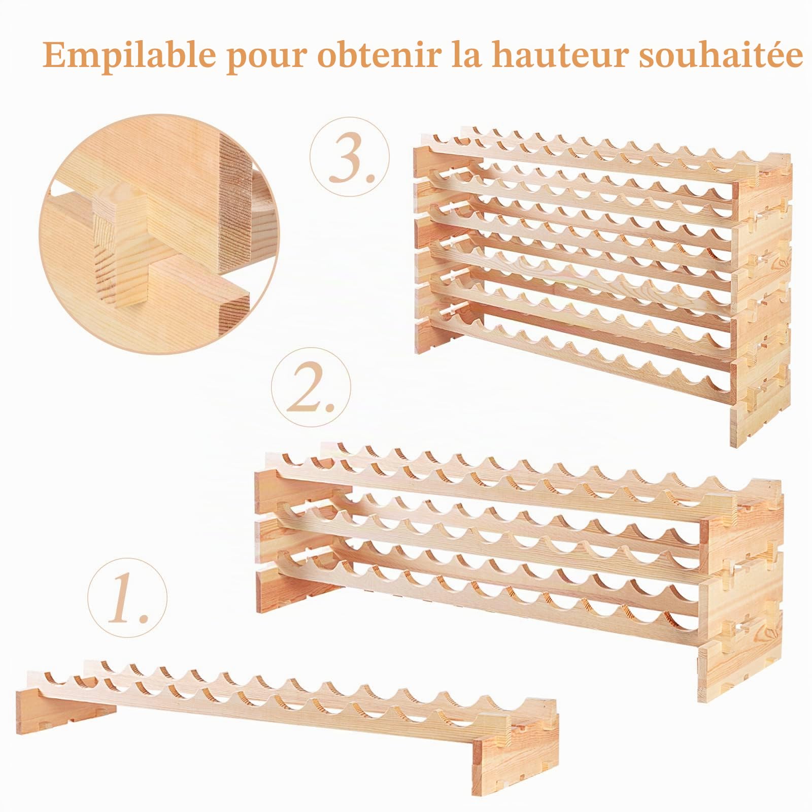 KOMFOTTEU Porte-Bouteilles sur Pied, Bois de Pin, 6 Niveaux, 72 Bouteilles, | Étagère à Bouteille, Casier à vin Empilable Rangement, pour Cuisine, Cave à Vin, 119 x 29 x 71,5 cm