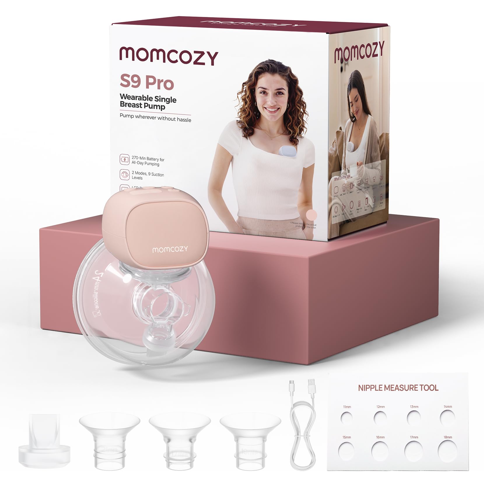 Momcozy S9 Pro Aktualisierte Milchpumpe Elektrisch Tragbar, Freihändige Milchpumpe mit längster Akkulaufzeit und LED-Anzeige, Elektrische Milchpumpe mit 2 Modi & 9 Stufen - 24mm (Rosa, 1 Pack)